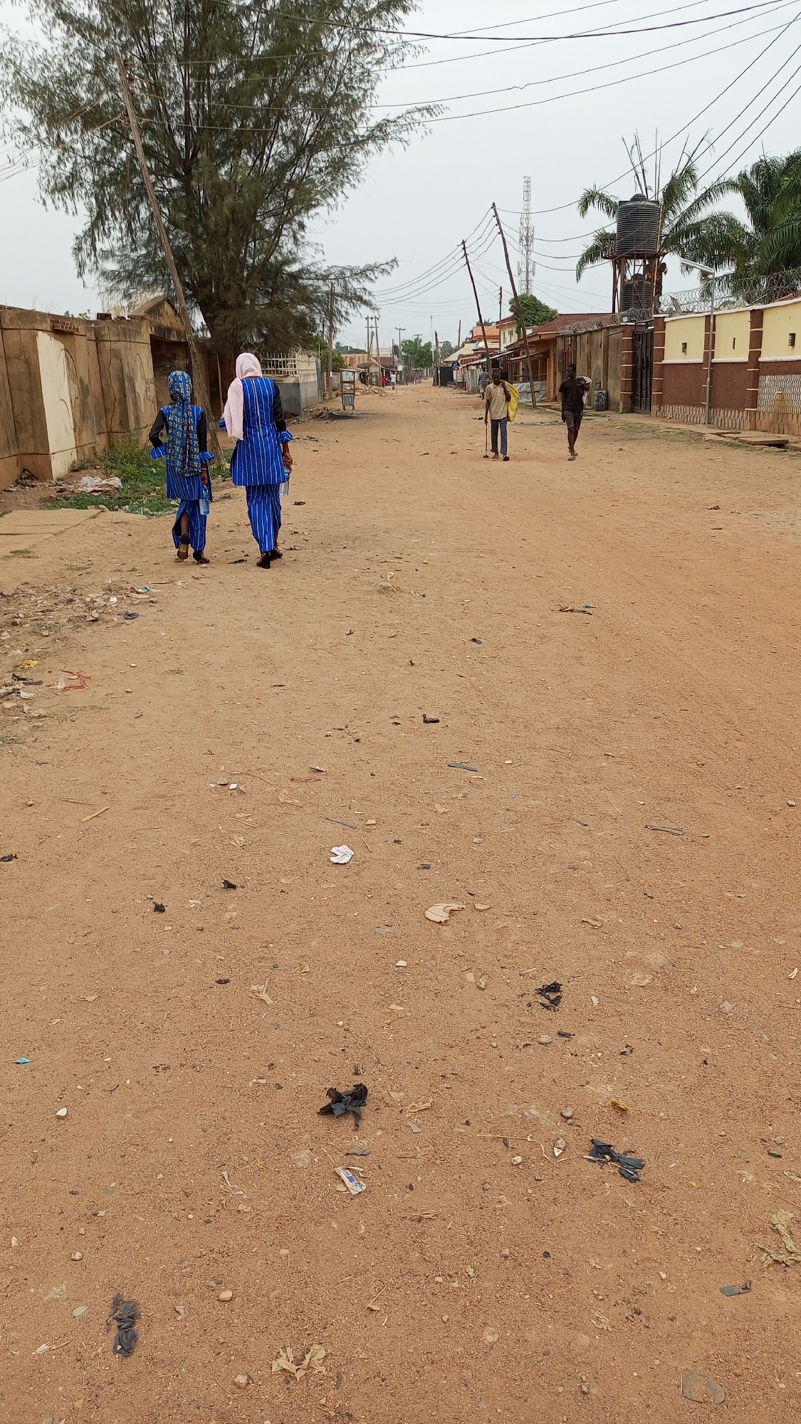 The image depicts a dirt road in Sabon Tasha, Nigeria. Two women wearing blue patterned clothing are walking away from the camera. Further down the road, two men are walking in the same direction. One man is carrying a yellow bag and using a stick. The other is carrying a dark object. The road is littered with scattered trash. Buildings and walls line the sides of the road. Power lines are visible overhead, and a water tower stands near a building with a barbed wire fence. A tall tree is on the left side of the road. The sky is overcast.