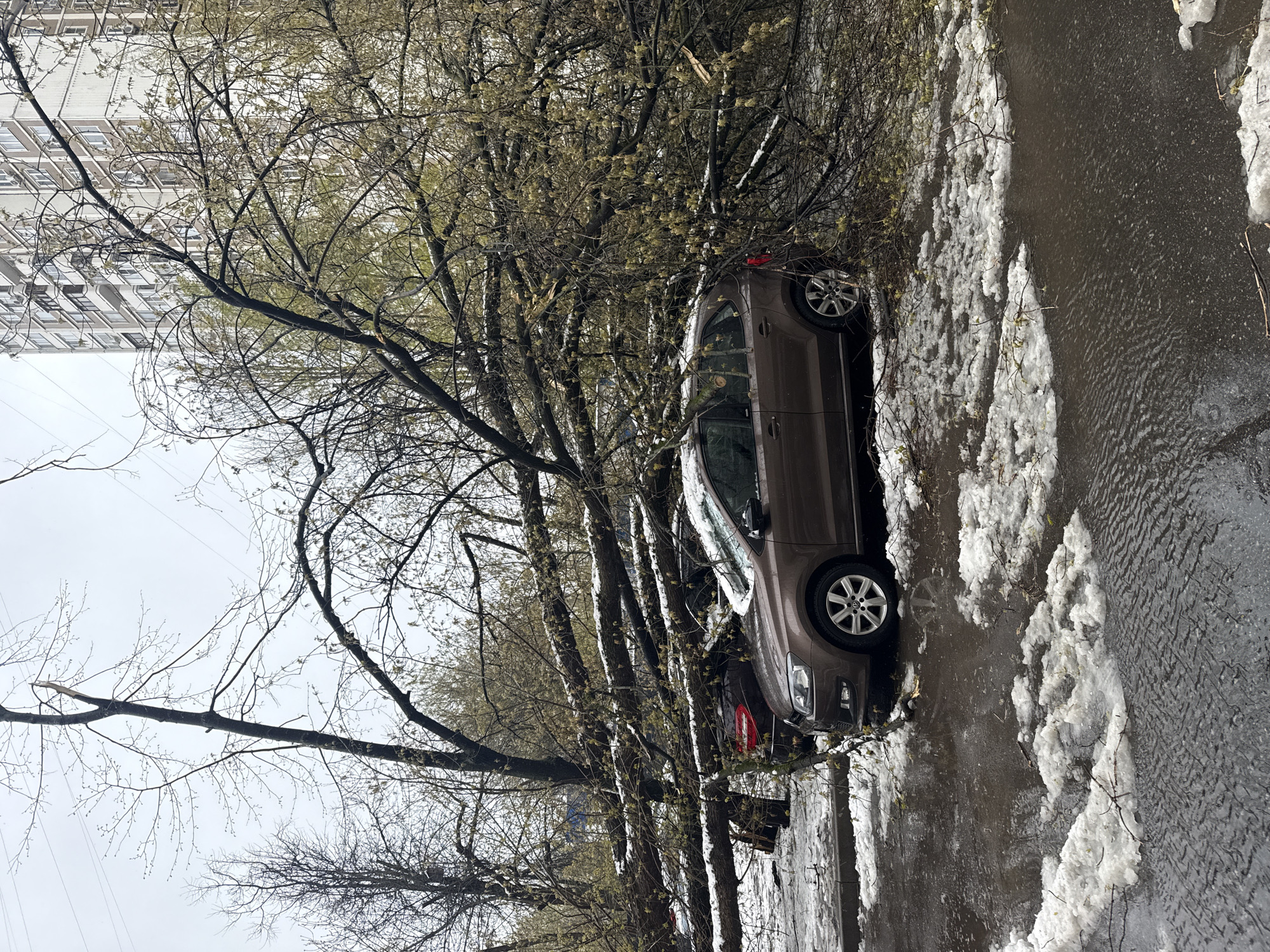 The image depicts a brown car partially submerged in a flooded street. Melting snow is present on the sidewalk and road. The scene is lined with bare trees with some beginning to bud. A multistory apartment building is visible in the background. The location is Moscow, Russia.