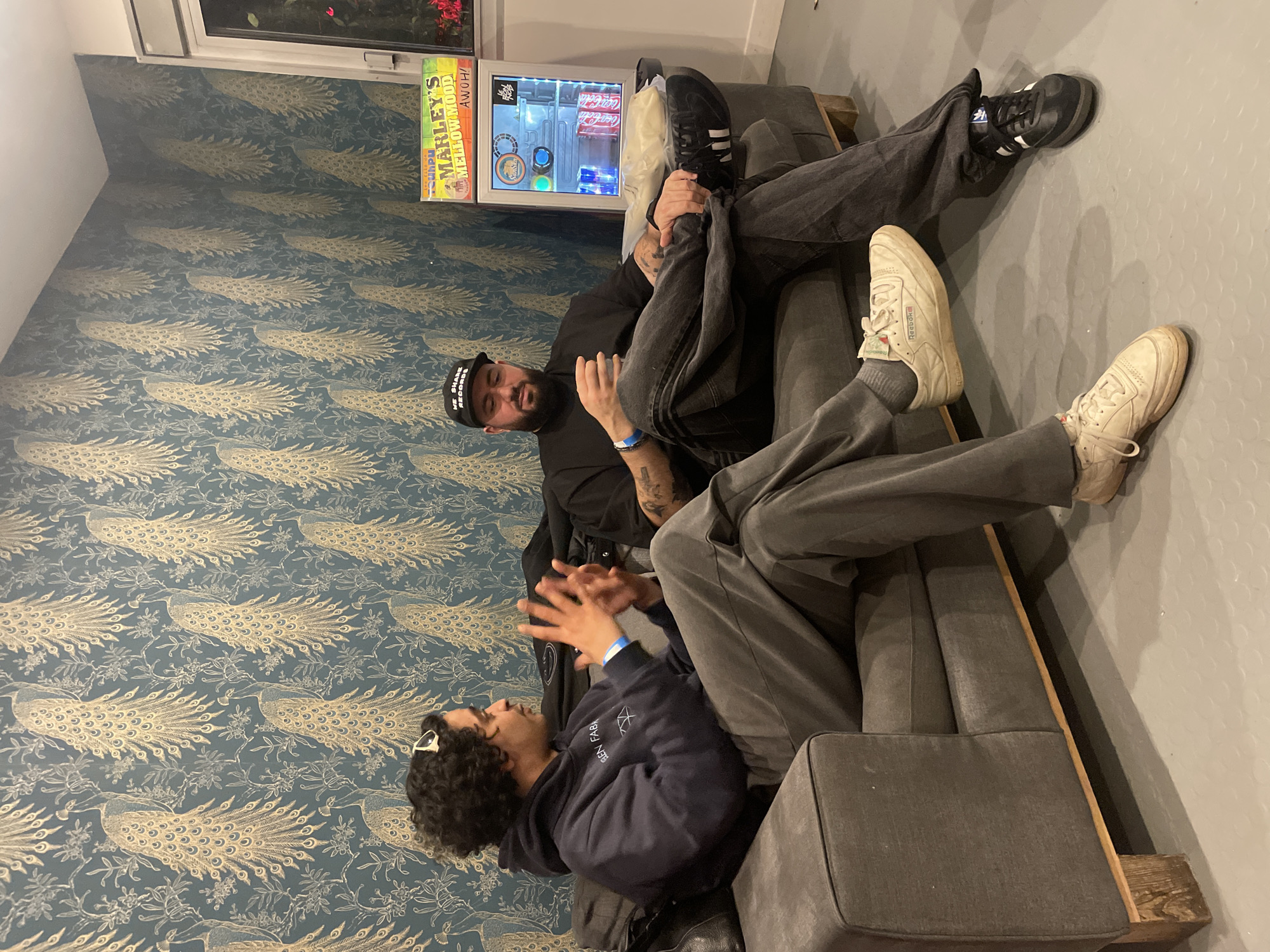 Two adult males are seated on a dark gray upholstered sofa in an indoor environment. The background wall features a blue-teal wallpaper adorned with a repeating pattern of gold-toned peacocks and foliage. The male on the left, with dark curly hair and white-framed sunglasses on his head, wears a dark blue hooded sweatshirt, gray sweatpants, and light-colored sneakers. He gestures emphatically with both hands, suggesting active conversation. The male on the right, bearded and wearing a black 'WE SHARE RECORDS' baseball cap, black long-sleeved shirt, dark gray jeans, and black Adidas sneakers, holds a clear glass and has his legs crossed. Tattoos are visible on his left forearm. Both men wear blue wristbands. Adjacent to the sofa on the right is a white mini-refrigerator, illuminated internally, displaying a 'MARLEY'S MELLOW MOOD AWOH!' sign atop it and holding several canned beverages. A plastic bag rests on the cooler. A partial view of a window with red flowers outside is visible in the upper right. The floor is light gray and textured. The precise location within Paris, France, is not identifiable from the visual information presented.