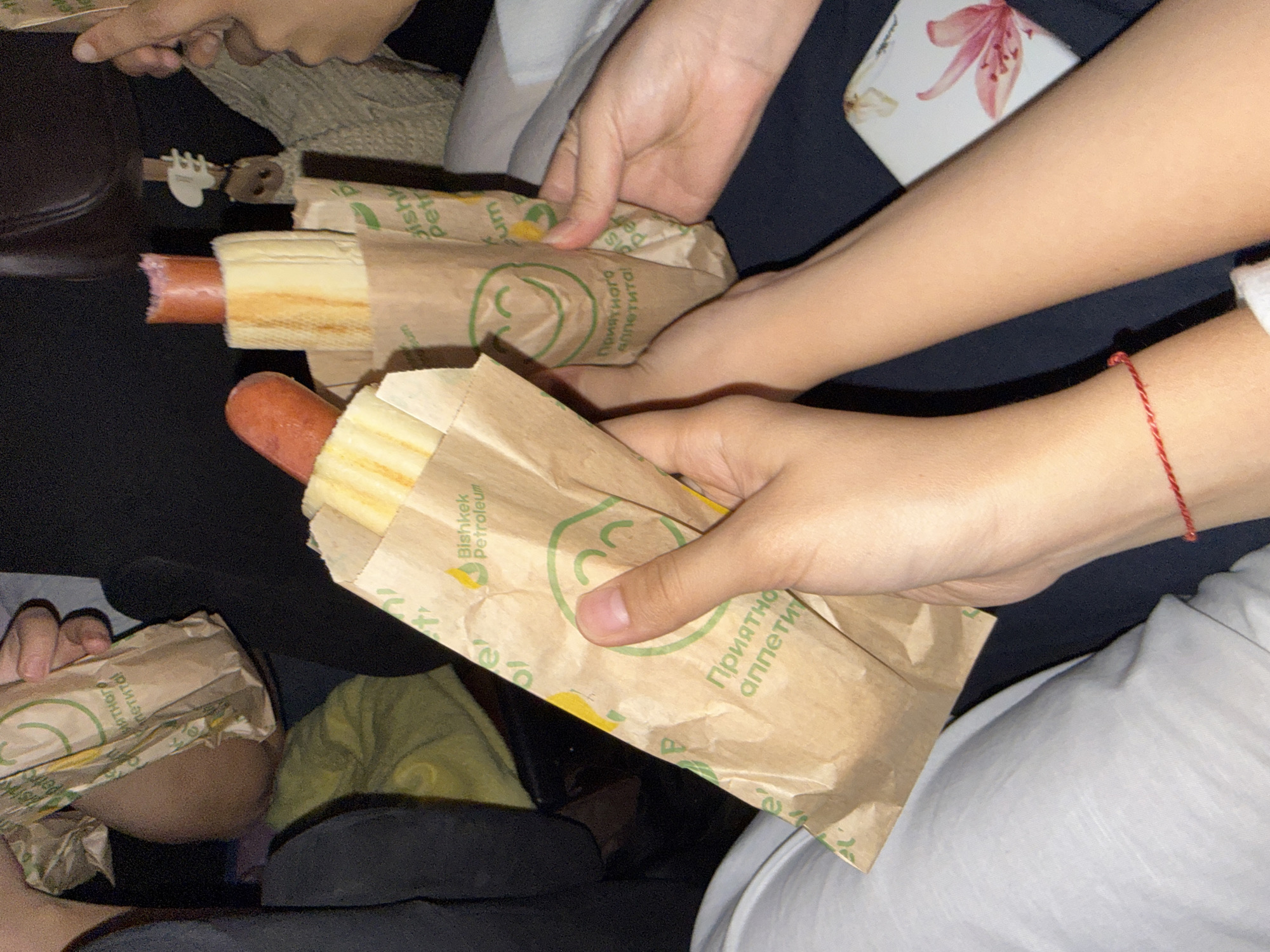 Two people are holding hot dogs in paper wrappers. The wrappers have a logo with a green smiley face and text that appears to be in Cyrillic. One hot dog has been partially eaten. The background is dark, suggesting an indoor setting, possibly a car or a dimly lit room. There is a small red string bracelet visible on one person's wrist. There are no visible landmarks or contextual clues within the image to indicate a specific location in Kant, Kyrgyzstan.