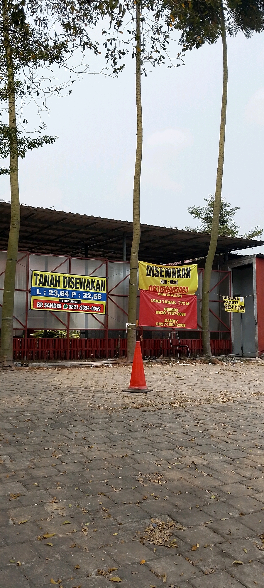 The image depicts an outdoor scene in Gunung Putri, Indonesia, featuring several banners advertising land for rent. In the foreground, a paved area covered in fallen leaves is visible, with a bright orange traffic cone placed centrally. Behind the cone, a row of tall, slender trees stands against a cloudy sky, their trunks marked with horizontal lines.
The main focus is on a building structure with a corrugated roof, supported by metal beams. Attached to the facade of this structure are multiple banners. On the left, a yellow banner with blue lettering reads "TANAH DISEWAKAN L: 23,64 P: 32,66 HUBUNGI BP. SANDER 0821-2354-0069". To the right of this banner is a yellow banner with red lettering stating "DISEWAKAN Hub: Akiat 083150403463". Below this text, a red banner displays "LUAS TANAH: 772 M2 GREGOR 0838-7757-6098 DANDY 0857-1903-2208". Further to the right, a smaller yellow banner with black text reads "DISEWA KRISTI 0822-1111-2510". The area behind the banners appears to be a covered space with red fencing. The overall impression is of a commercial or industrial area in a state of being leased out.