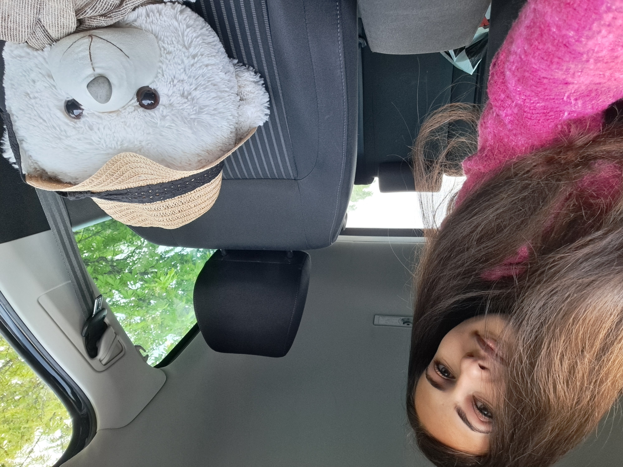 This image, rotated 90 degrees counter-clockwise from a natural upright perspective, depicts a casual scene inside a vehicle during daytime.
The primary subjects are a young woman and a white teddy bear. The woman, positioned on the right side of the frame (when viewed as rotated), is seen from her chest up. She has long, flowing dark brown hair and is wearing a bright pink, textured sweater. Her face is directed towards the camera, displaying a neutral and calm expression, with her dark eyes open.
To her left, a fluffy white teddy bear is seated, appearing to occupy an adjacent car seat. The bear wears a light brown straw hat with a black and tan striped band, and a light-colored, striped fabric is draped over its head.
The setting is clearly a car interior, featuring dark grey fabric seats with subtle light grey vertical stripes and black headrests. A grey seatbelt mechanism is visible on the left. Through the car windows, bright green tree foliage and a luminous sky are visible, indicating an outdoor environment and suggesting pleasant daytime weather. The overall lighting is bright and even.
The image appears to be a candid photograph or a selfie taken inside the car, capturing a moment of travel or leisure. There is no visible text within the frame. The provided context indicates this scene is from Sofia, Bulgaria.