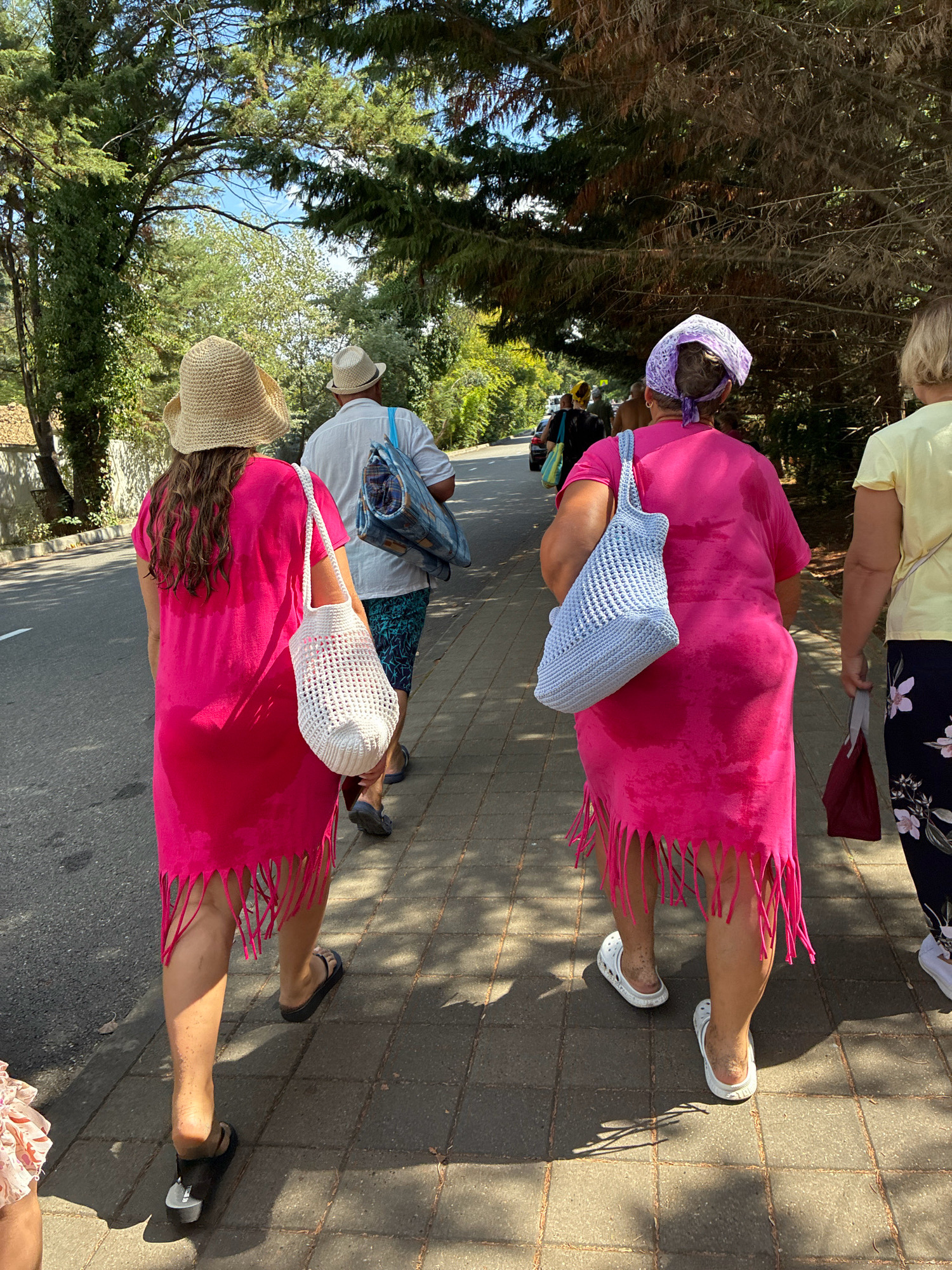 In Sochi, Russia, four individuals are walking along a paved walkway adjacent to a road. The individuals are moving away from the camera, from left to right. The first person on the left, partially visible, is wearing a light-colored garment with a floral pattern. The second person, a woman, is wearing a bright pink tunic with fringe detailing at the hem and a wide-brimmed straw hat. She is carrying a white mesh bag on her left shoulder. To her right, a man is wearing a white short-sleeved shirt, patterned swim trunks, and a straw hat. He is carrying a rolled-up blue and white patterned mat over his right shoulder. The third woman from the left, wearing a bright pink tunic with fringe, a purple headscarf, and white clogs, walks ahead. She is carrying a light blue crocheted bag on her left shoulder. The fourth person, on the far right, is a woman wearing a yellow t-shirt and dark pants with a floral pattern. She is carrying a dark red bag in her right hand. The walkway is lined with trees providing shade, and the sun casts shadows on the ground. In the background, a few cars are visible on the road. The weather appears to be warm and sunny, suggesting a summer day in Sochi.