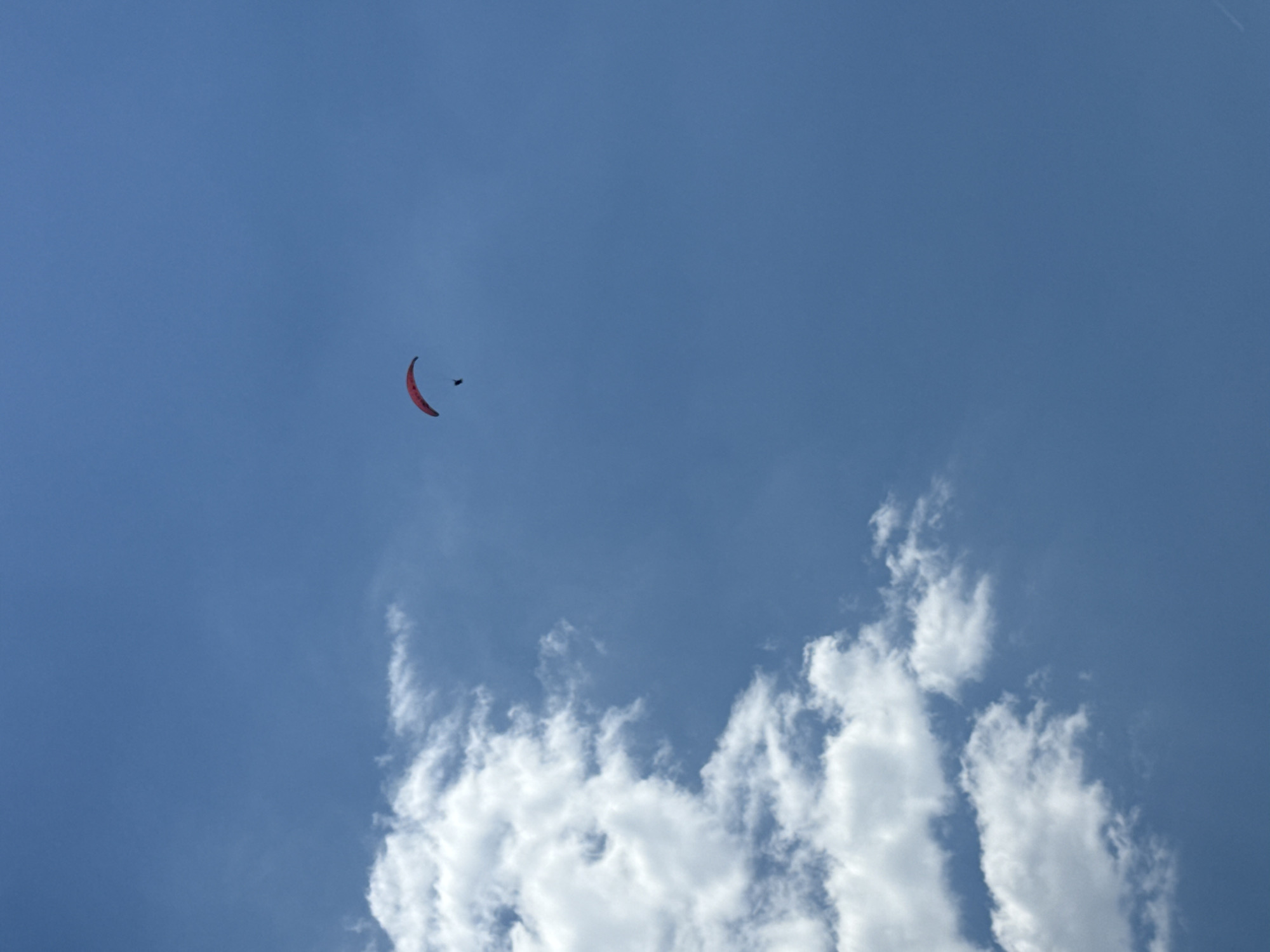 A paraglider is in flight against a backdrop of a blue sky with scattered white clouds. The paraglider, which appears red, is positioned in the upper right quadrant of the image. The clouds are predominantly on the left side of the frame. There is no indication of Boreti, Montenegro in the image.