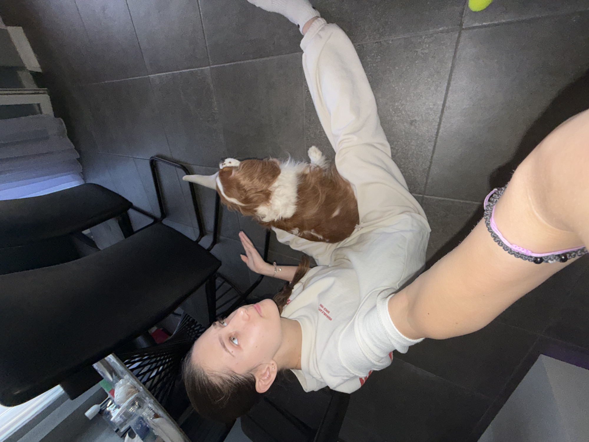 The image shows a young woman lying on her back on a tiled floor, with a Cavalier King Charles Spaniel dog resting on her legs. The woman is wearing a white sweatshirt and off-white sweatpants, and white socks. She has long brown hair pulled back and is looking upwards towards the camera. The dog is predominantly brown and white, with its tail tucked in.
The setting appears to be indoors, possibly a home, with dark grey tiled flooring. There are black chairs visible in the background, and a stack of grey folded items, likely towels or blankets, on the left side of the image. A table with some items on it is also partially visible.
The woman's expression seems relaxed, and the overall mood of the image is casual and domestic. The lighting suggests it could be daytime, with natural light coming from an unseen source, casting shadows on the floor. There is a subtle shadow of the woman and dog on the floor.
On the woman's sweatshirt, there is red text that is partially obscured and difficult to read. The woman is wearing a bracelet on her left wrist, composed of dark beads and a purple string.
There is no indication of the weather or specific time of day beyond general daytime lighting. The location context of Sofia, Bulgaria, does not offer any specific visual cues within the image itself.