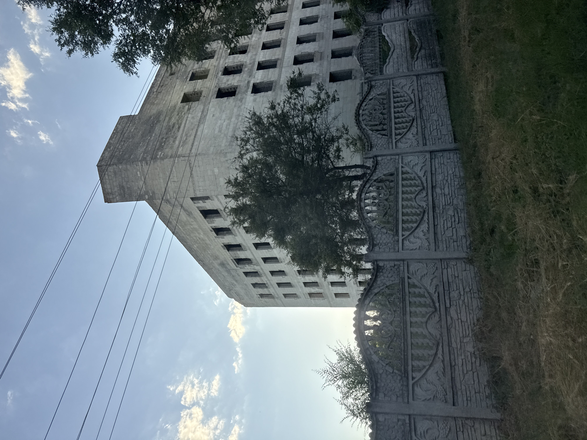 An abandoned, multi-story concrete building with numerous empty window openings stands against a pale blue sky with scattered white clouds. The building's facade is constructed from large, light-colored concrete blocks. Four parallel power lines traverse the upper portion of the image, spanning across the sky and in front of the building. In the foreground, a decorative concrete fence with elaborate scrollwork and brick detailing runs horizontally, partially obscuring the lower part of the building and the surrounding dry grass and vegetation. Trees are visible on the right side of the building and to the left of the structure, in front of the fence.