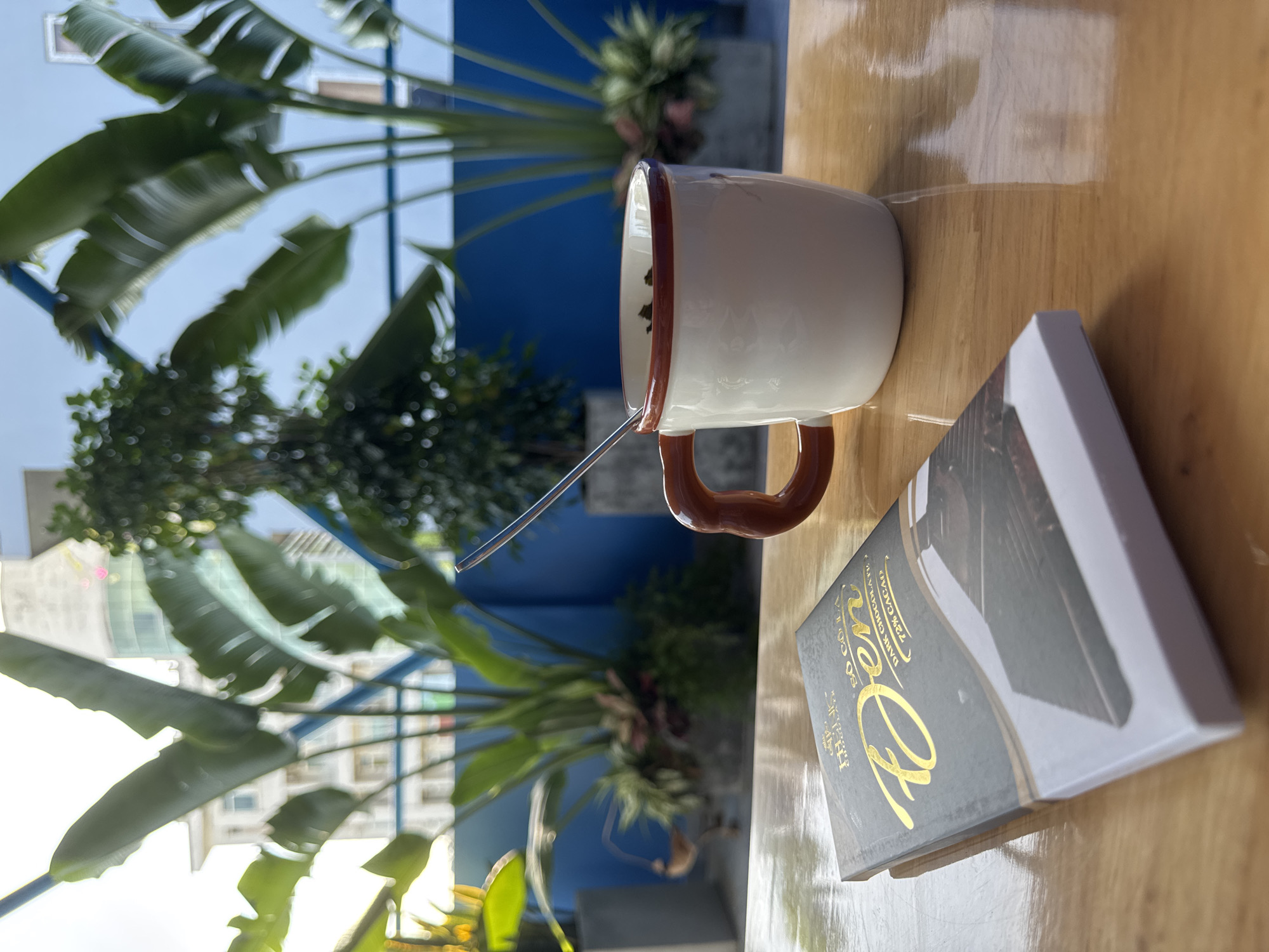 This is a medium shot of a wooden table with a book and a mug on it. The book is dark gray with gold lettering that reads "Den DARK CHOCOLATE 72% CACAO". The mug is white with a brown rim and handle and contains some dark substance, likely coffee or tea. A spoon is in the mug. In the background, there are large green plants and a blue wall, suggesting an outdoor setting like a balcony or rooftop cafe in a city like Da Nang, Vietnam. The lighting suggests it is daytime, with sunlight filtering through the plants.