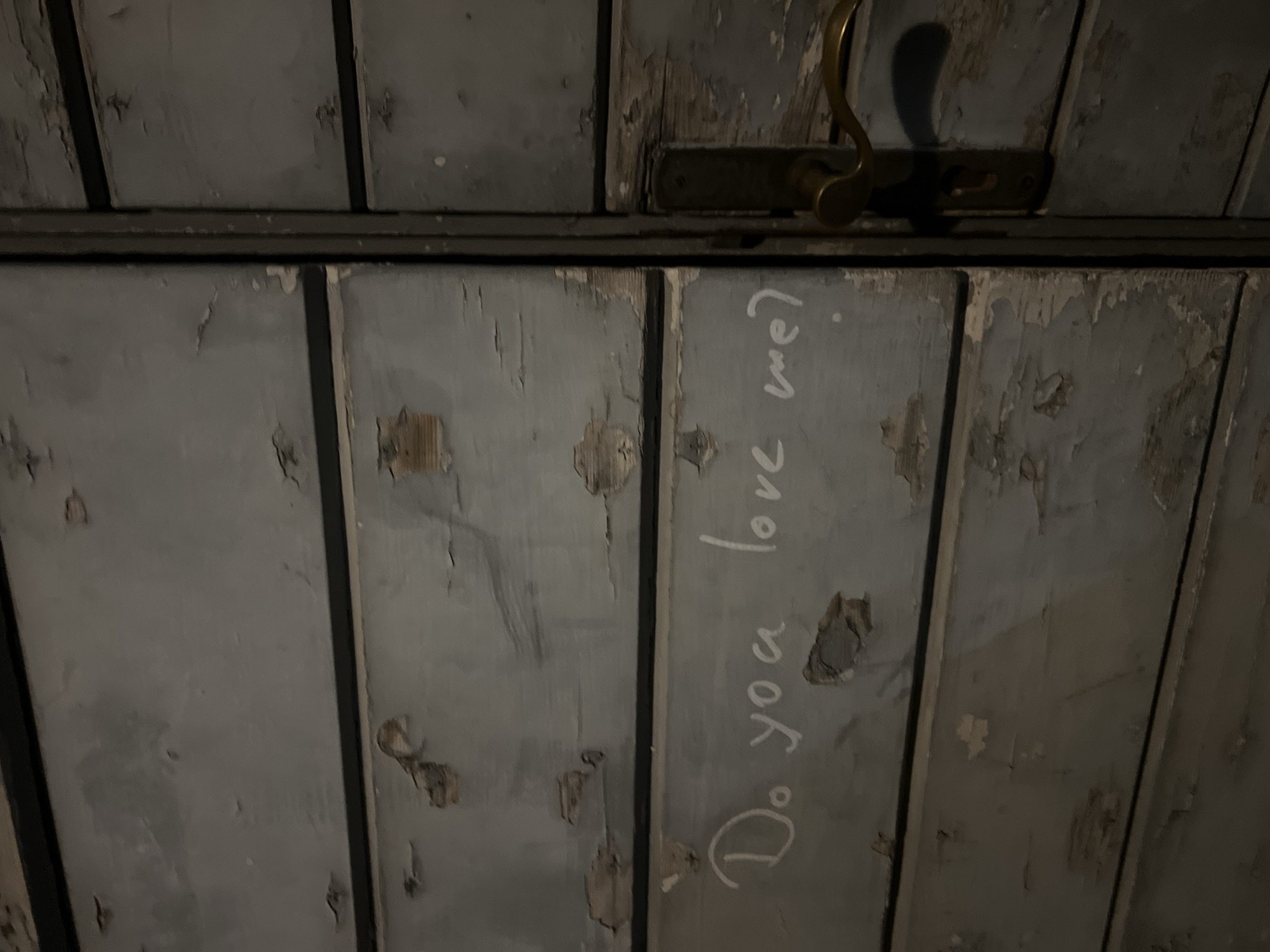 A low-angle, close-up shot depicts a weathered, pale blue wooden door or paneling with peeling paint. The phrase "Do you love me?" is scrawled in white across the surface of the door. A dark metal latch with a brass handle is visible at the top. The scene appears dim and aged. The location in the city of Budva, Montenegro is not discernible from the image.