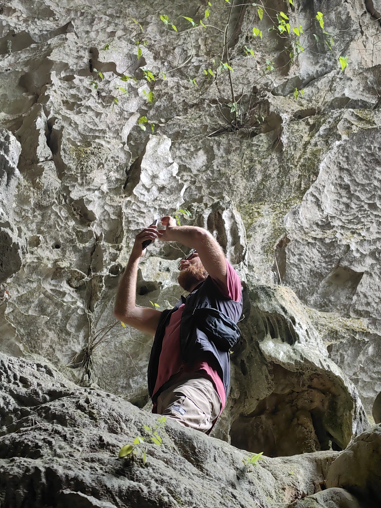 A low-angle, full shot depicts a red-bearded man taking a picture with his cell phone inside Tam Thanh Cave, located in the city of Lạng Sơn, Vietnam. The man is positioned on gray rocks, his arms raised to hold the cell phone. He wears a burgundy shirt, a black vest, and tan pants. The backdrop is the rugged, gray limestone walls and ceiling of the cave, punctuated with small green plants.
