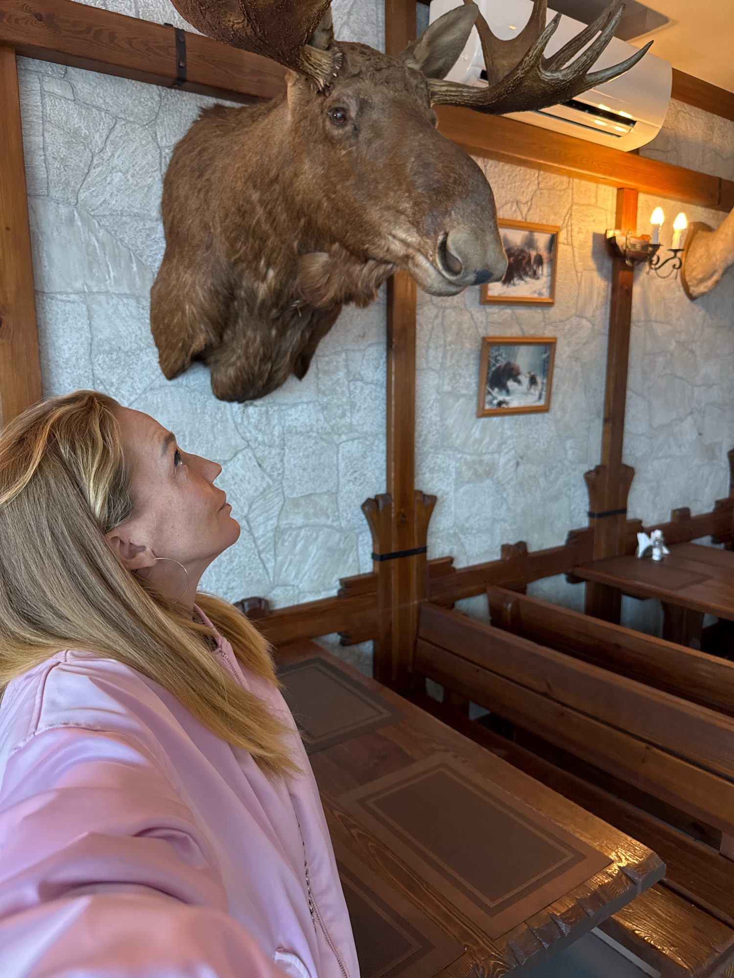 In an indoor setting, possibly a restaurant or hunting lodge in the city of Успенское, Russia, a woman with blonde hair, wearing a pink jacket and a large hoop earring, looks up at a taxidermied moose head mounted on a wall. The moose head, with large antlers, is positioned above her. The environment features wooden tables and benches, stone-patterned wallpaper, and framed wildlife pictures on the wall. An air conditioner is visible above the moose head, and a two-candle sconce is mounted to the right. The scene is captured from a slightly elevated perspective, looking down and to the side of the woman.