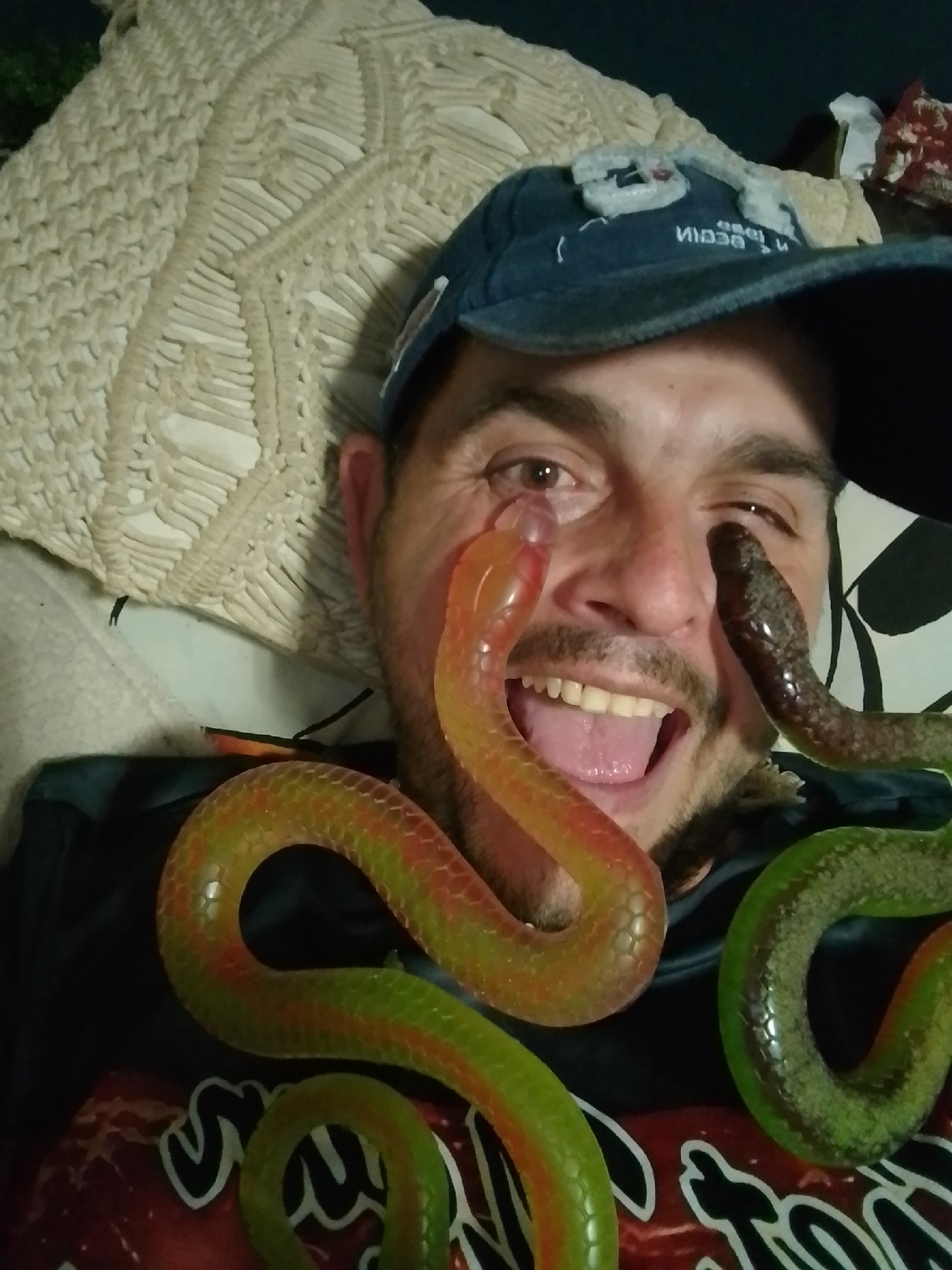 The image is a close-up, selfie-style photograph of a man wearing a blue baseball cap and a black t-shirt. He is lying down, propped up against a cream-colored, macrame-style pillow. The man has a beard and mustache and is smiling broadly with his mouth open, showing his teeth and tongue. Two toy snakes, one orange-red and the other green, are positioned around his face. The orange-red snake is draped across his nose and mouth, with its head near his left eye. The green snake is coiled around his neck and shoulder, with its head near his right eye. The background is dark, with some indistinct objects visible. The image does not provide any information or clues about the location in the city of Wedel, Germany.