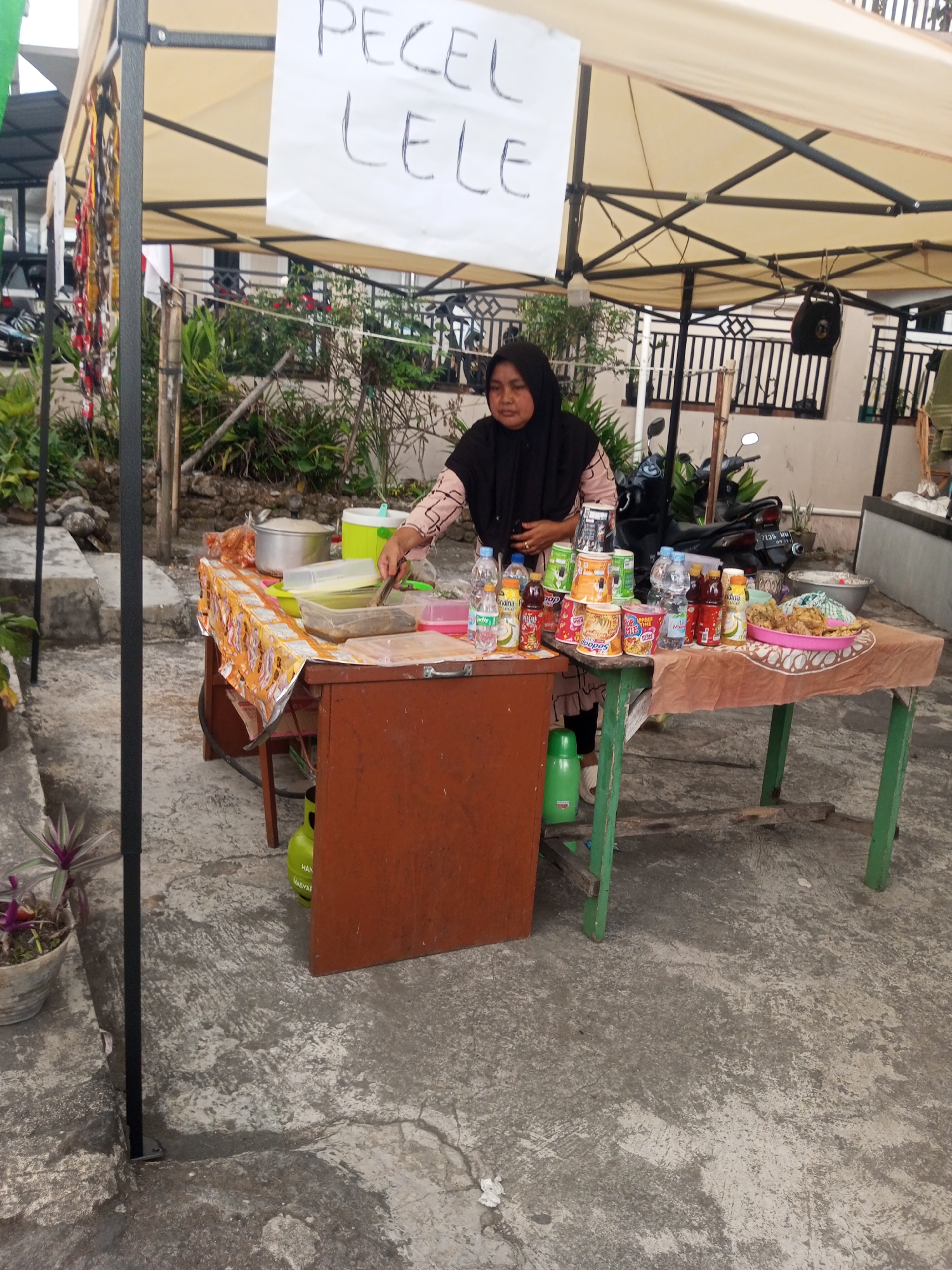 A woman wearing a black hijab and a patterned shirt stands behind a food stall in Pandansari, Indonesia. She is tending to food items displayed on two tables. The stall is covered by a tan-colored canopy supported by black poles. A sign above her reads "PECEL LELE" in black marker. On the left table, a large pot is visible along with various containers of food. The woman is holding a utensil, possibly serving food. The right table displays a selection of bottled drinks and packaged snacks, as well as a plate of fried food. A green gas cylinder is located on the ground near the left table. The ground is paved with concrete. In the background, there are plants, a fence, and a parked motorcycle.