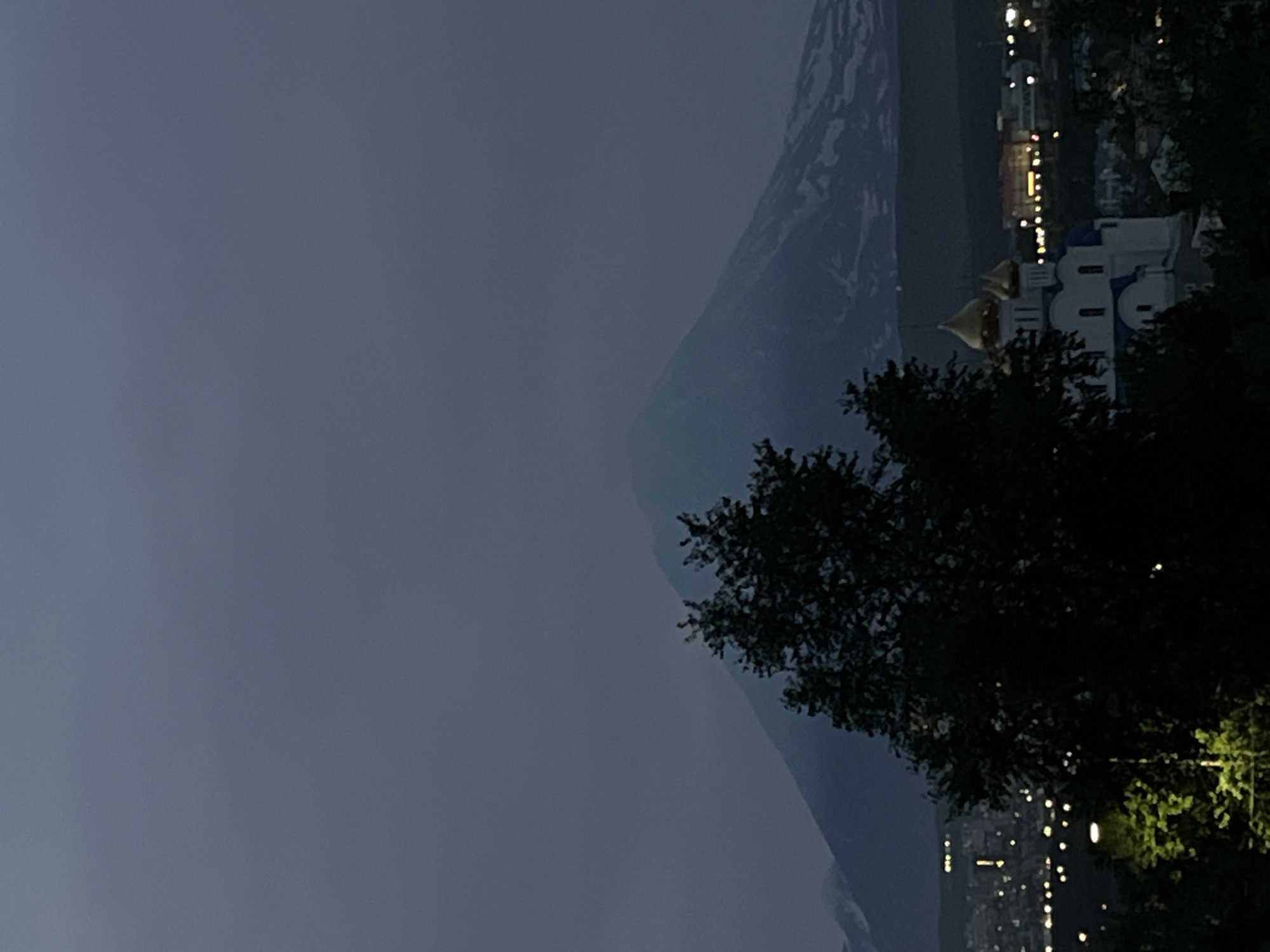 The image captures a twilight scene in Petropavlovsk-Kamchatsky, Russia, featuring a prominent snow-capped volcano in the background, likely the Koryaksky or Avachinsky volcano, given the typical skyline of the city. In the mid-ground, a white Orthodox church with golden domes stands out against the darkening sky, situated within the urban landscape. The foreground is dominated by the dark silhouettes of trees, obscuring the lower parts of the city, which are illuminated by scattered lights. The overall atmosphere is serene and dimly lit, indicative of dusk or dawn.
