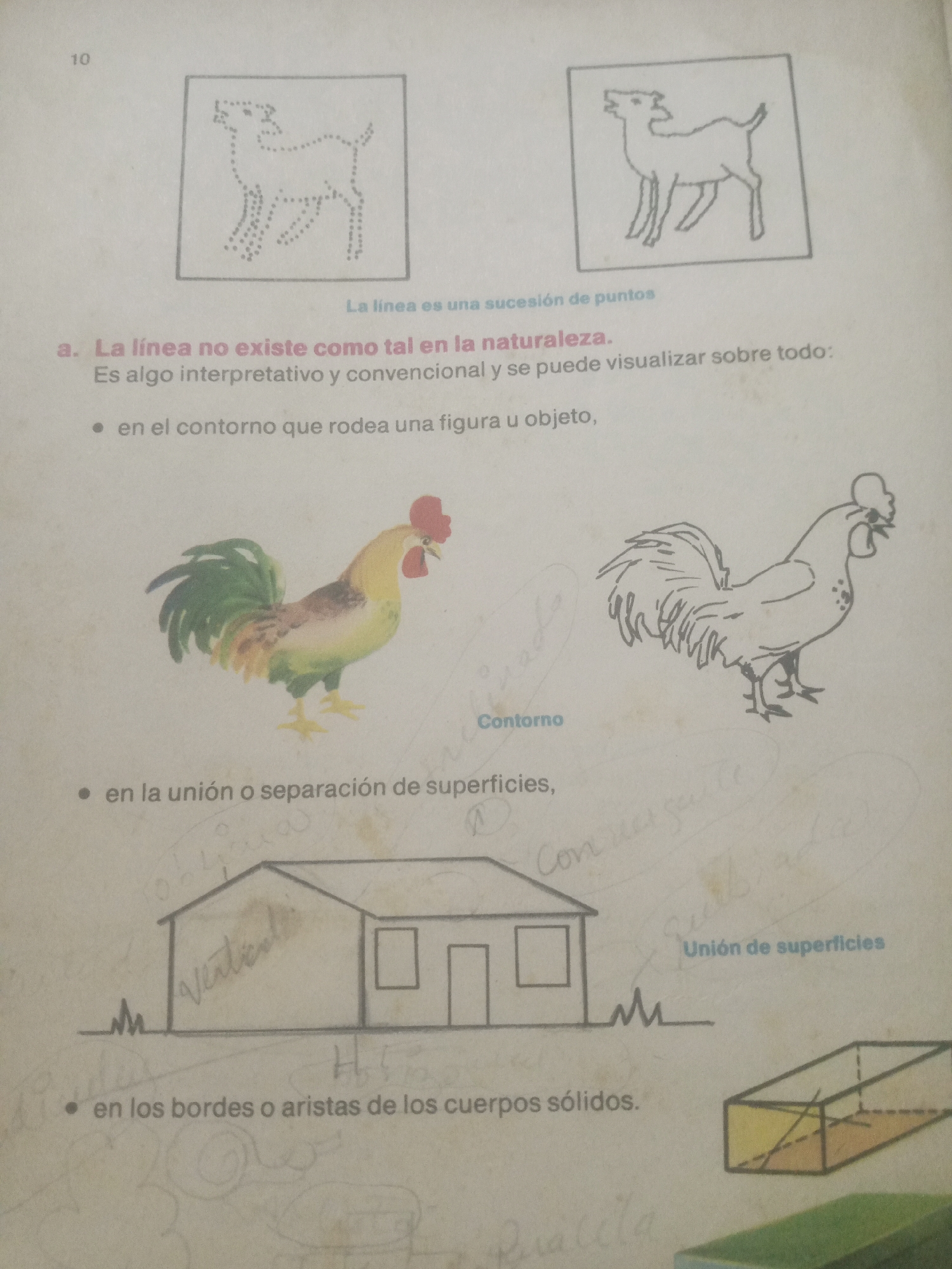 The image appears to be a page from a textbook or educational material, likely from a primary school, due to the simple line drawings and illustrations. It is not possible to determine the location in Santa Ana, Venezuela from the image itself as there are no identifiable landmarks or textual references to that location.
The page is divided into sections, each illustrating a concept related to lines. At the top, there are two square frames, each containing a drawing of an animal, likely a deer or a goat. The left frame shows the animal depicted as a series of dots, suggesting a "succession of points." The right frame shows the same animal drawn with continuous lines. Text below these drawings reads, "La línea es una sucesión de puntos" (The line is a succession of points).
Below this, a heading "a. La línea no existe como tal en la naturaleza." (a. The line does not exist as such in nature.) is followed by the text, "Es algo interpretativo y convencional y se puede visualizar sobre todo:" (It is something interpretative and conventional and can be visualized above all:).
There are three bullet points listed under this statement, each with an accompanying illustration:
* The first bullet point, "en el contorno que rodea una figura u objeto," (in the contour that surrounds a figure or object,) is accompanied by an illustration of a colorful rooster on the left and a line drawing of a rooster on the right, labeled "Contorno" (Contour).
* The second bullet point, "en la unión o separación de superficies," (in the union or separation of surfaces,) is illustrated by a line drawing of a house. Above the house, the text "Unión de superficies" (Union of surfaces) is visible.
* The third bullet point, "en los bordes o aristas de los cuerpos sólidos." (in the edges or vertices of solid bodies.), is illustrated by a line drawing of a rectangular prism, partially filled, suggesting a three-dimensional object.
The page shows signs of wear, with smudges and handwritten annotations in faint pencil, suggesting it is a well-used educational resource. The overall impression is that of a learning document focused on the abstract concept of lines and their representation.