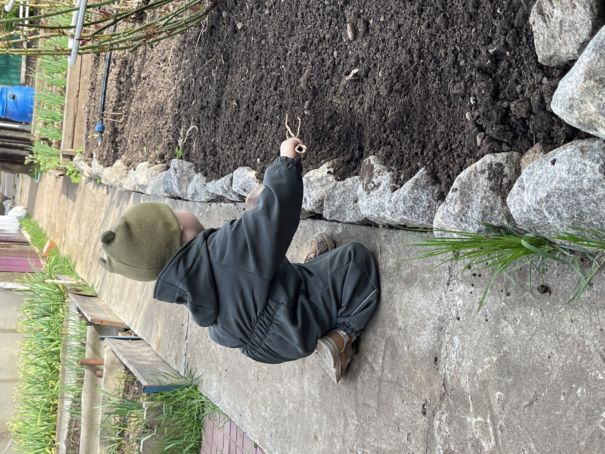 A child in a green hooded jumpsuit and matching hat kneels on a concrete path alongside a garden bed in what appears to be a backyard setting. The child holds a twig in their raised right hand. The garden bed is edged with large gray stones. The soil in the garden bed appears dark and freshly tilled. To the left of the path, there are rows of green plants, possibly onions or garlic. A blue barrel and sections of a greenhouse are visible in the background. The location is the city of Chaikovsky, Russia.