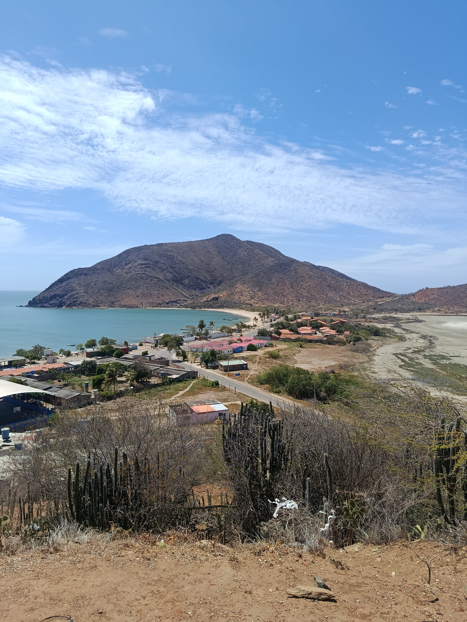 The image shows a panoramic view of the landscape surrounding Juan Griego, Venezuela. A large mountain dominates the scene, extending into the sea on the left. A small village with colorful buildings sits along the coast, with a sandy beach visible between the mountain and the houses. A road runs through the village, connecting it to a lagoon or dry area on the right side of the image. In the foreground, there is arid land with cacti and other desert vegetation. The sky is blue with scattered clouds, suggesting a sunny day.