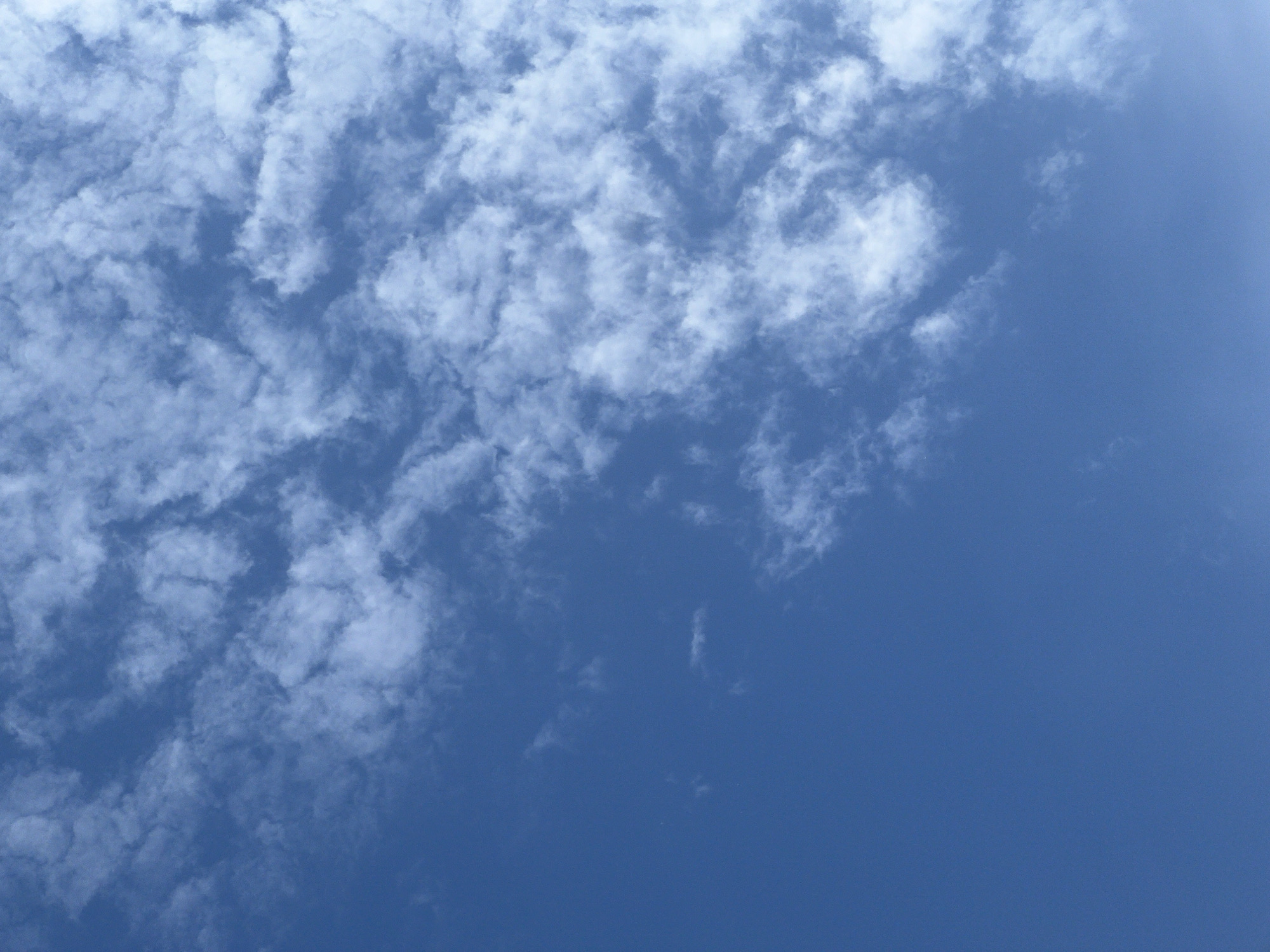 This is a photograph of a bright blue sky with scattered white clouds. The clouds are wispy and appear to be of the cumulus or cirrocumulus type, suggesting fair weather. There are no discernable objects, people, or buildings in the frame, as the image is solely focused on the sky. The lighting suggests it is daytime. There is no information in the image that would allow for identification of its location in Yekaterinburg, Russia, or any other specific city.