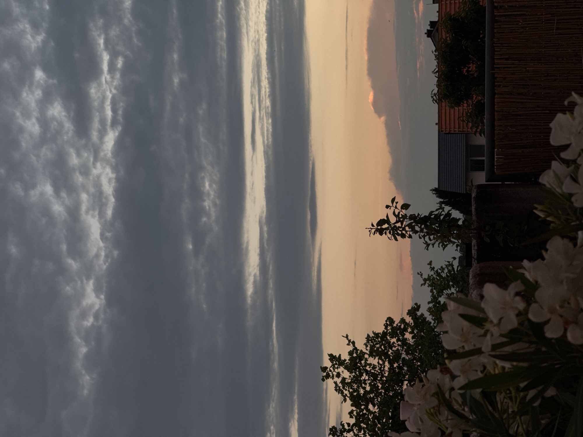 The image shows a dusk sky with layered, dark gray clouds in the upper portion, transitioning to a lighter orange and pink hue near the horizon. Silhouetted against the sky are the tops of trees, a slender plant, and parts of buildings with tiled roofs. In the foreground, out-of-focus white flowers are visible, along with a dark, rough-textured vertical element that appears to be a wall or fence post. To the right of this, a lighter, woven bamboo fence or screen is present. The scene is set outdoors, likely on a balcony or rooftop, offering a view over a residential area. The image was captured in Wettstetten, Germany.