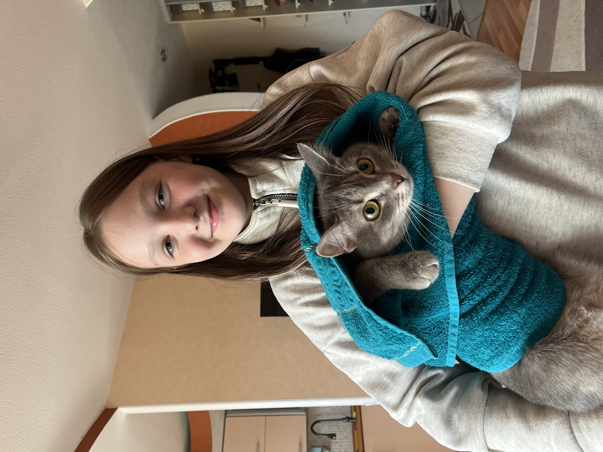A young woman is holding a gray cat wrapped in a blue towel. The woman has long brown hair and is wearing a light gray sweatshirt. The cat is looking up with its green eyes. The background appears to be an indoor space, possibly a home, with neutral-colored walls and cabinetry visible. Based on the file name, the location is Chaikovsky, Russia.