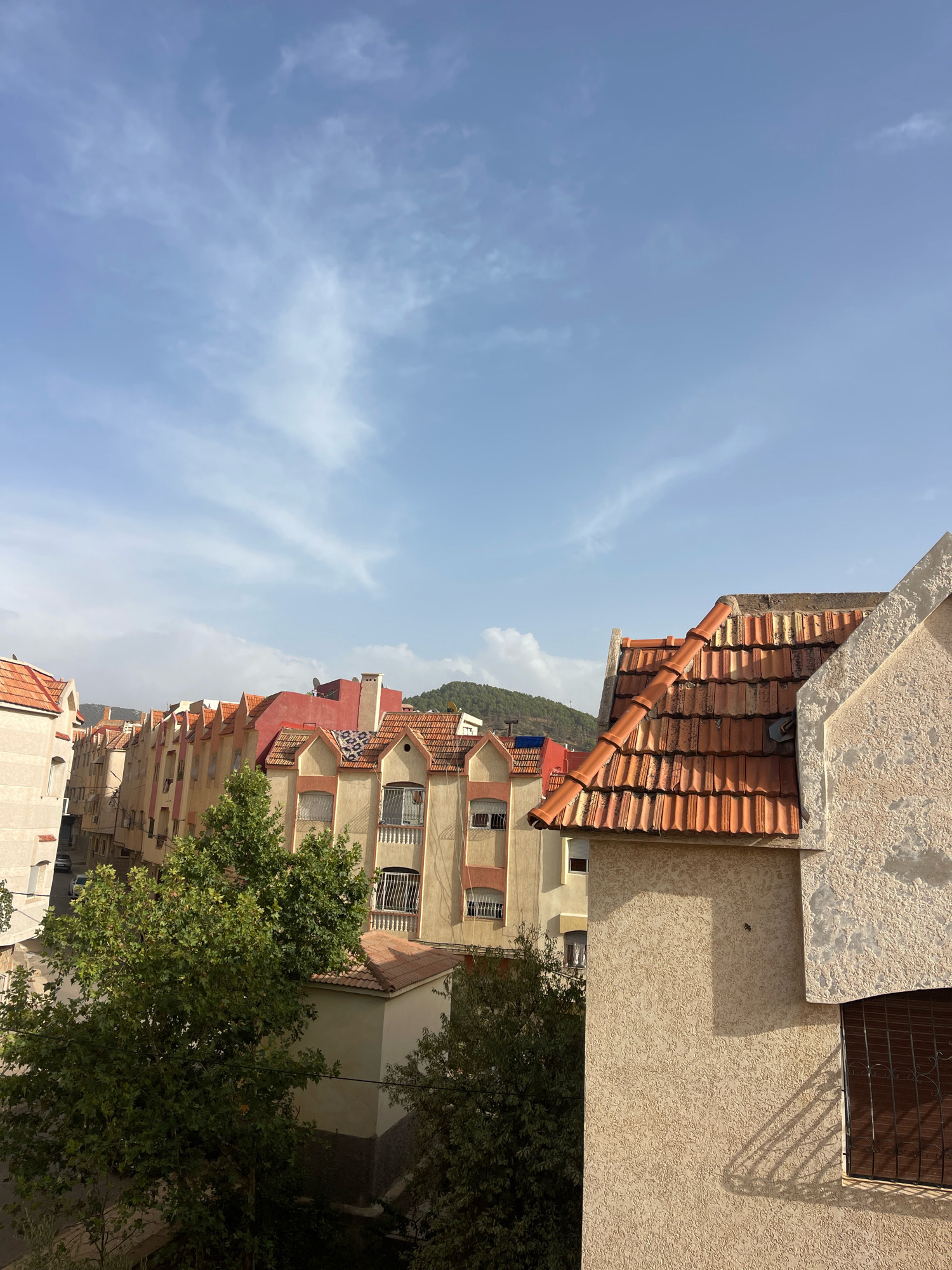 The image depicts a street view in Azrou, Morocco, dominated by residential buildings with distinctive red-tiled, steeply pitched roofs. The buildings, varying in height and color, feature cream and peach facades, some with decorative trim. Several windows are visible, some with metal security bars. Green trees with lush foliage are scattered throughout the scene, with one large tree prominently in the foreground. In the background, a forested hillside rises under a light blue sky with scattered white clouds. The overall impression is of a residential area in a hilly or mountainous landscape.