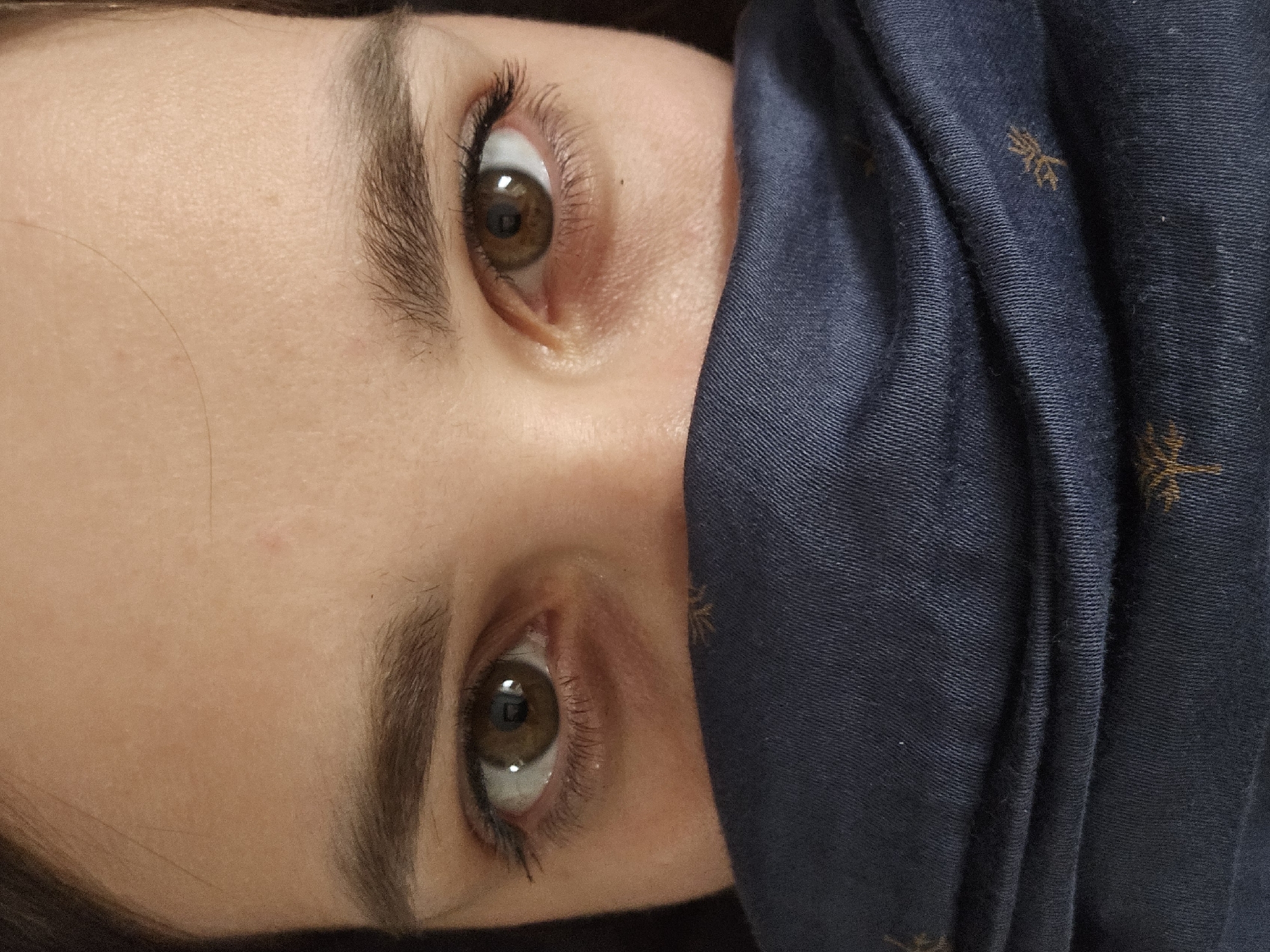 The image is a close-up, head-on shot of a person's eyes and the upper part of their face, which is partially obscured by a dark blue, draped fabric. The person has light skin and medium-brown eyes with visible eyelashes and eyebrows. The fabric appears to be a scarf or garment with a subtle pattern of small, light-colored, tree-like motifs. The lighting suggests an indoor environment, possibly with natural light coming from the front. The background is out of focus, with only a hint of dark hair visible on the sides. There is no identifiable urban landscape or specific location markers, including Petropavlivska Borshchahivka, Ukraine, within the image itself.