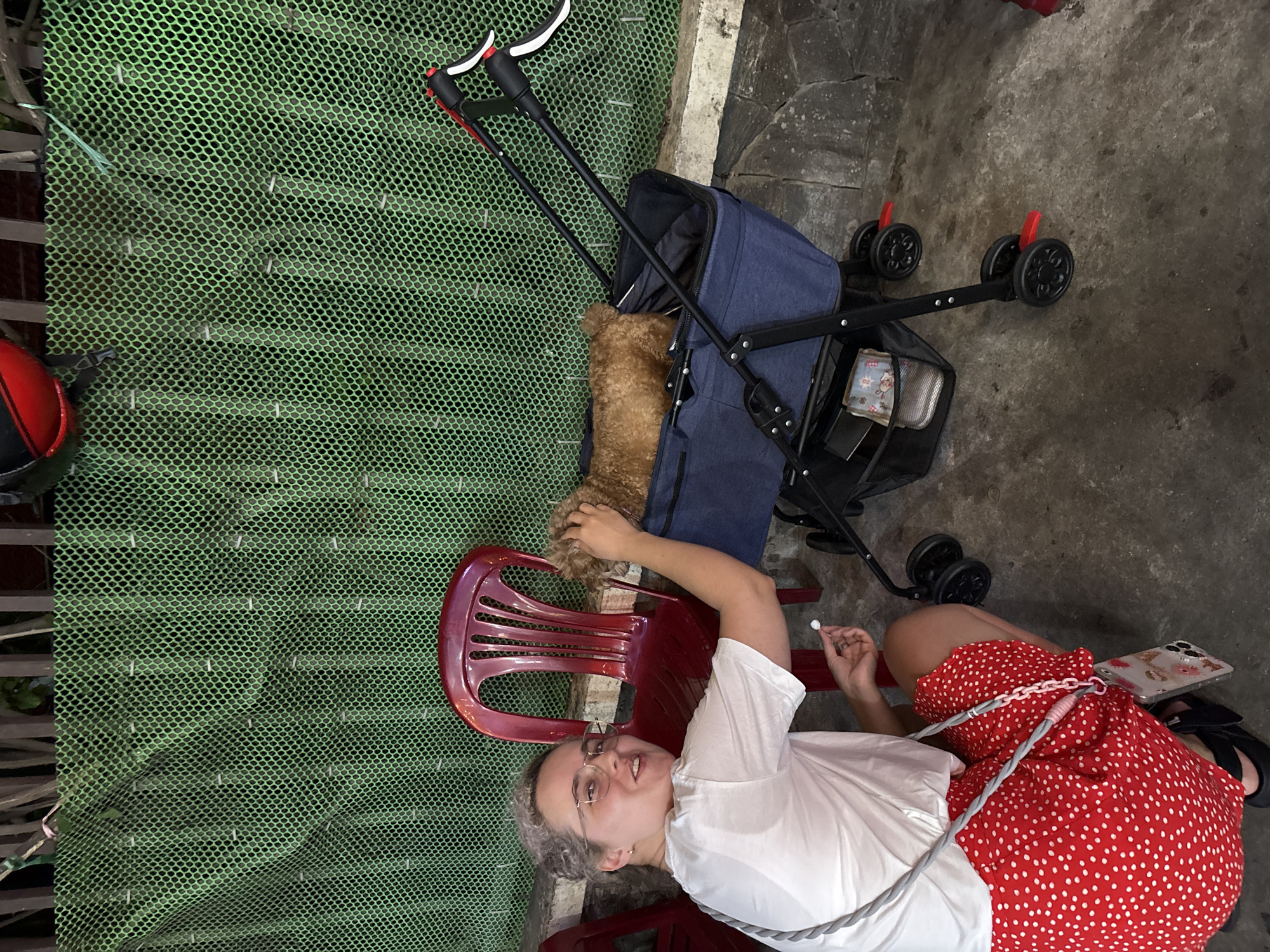 A high-angle, medium shot depicts a woman, a dog, and various objects, apparently outdoors. The woman, wearing glasses, a white t-shirt, and a red and white polka-dot skirt, sits in a red plastic chair and looks towards the camera. She holds a white object in her right hand. A light brown dog sits inside a blue stroller. A red and black helmet lies on the ground behind the woman, near a green mesh fence. The setting is Nha Trang Ward, Vietnam. The surface under the chair and stroller appears to be concrete. A mobile phone is placed on the concrete surface adjacent to the woman.