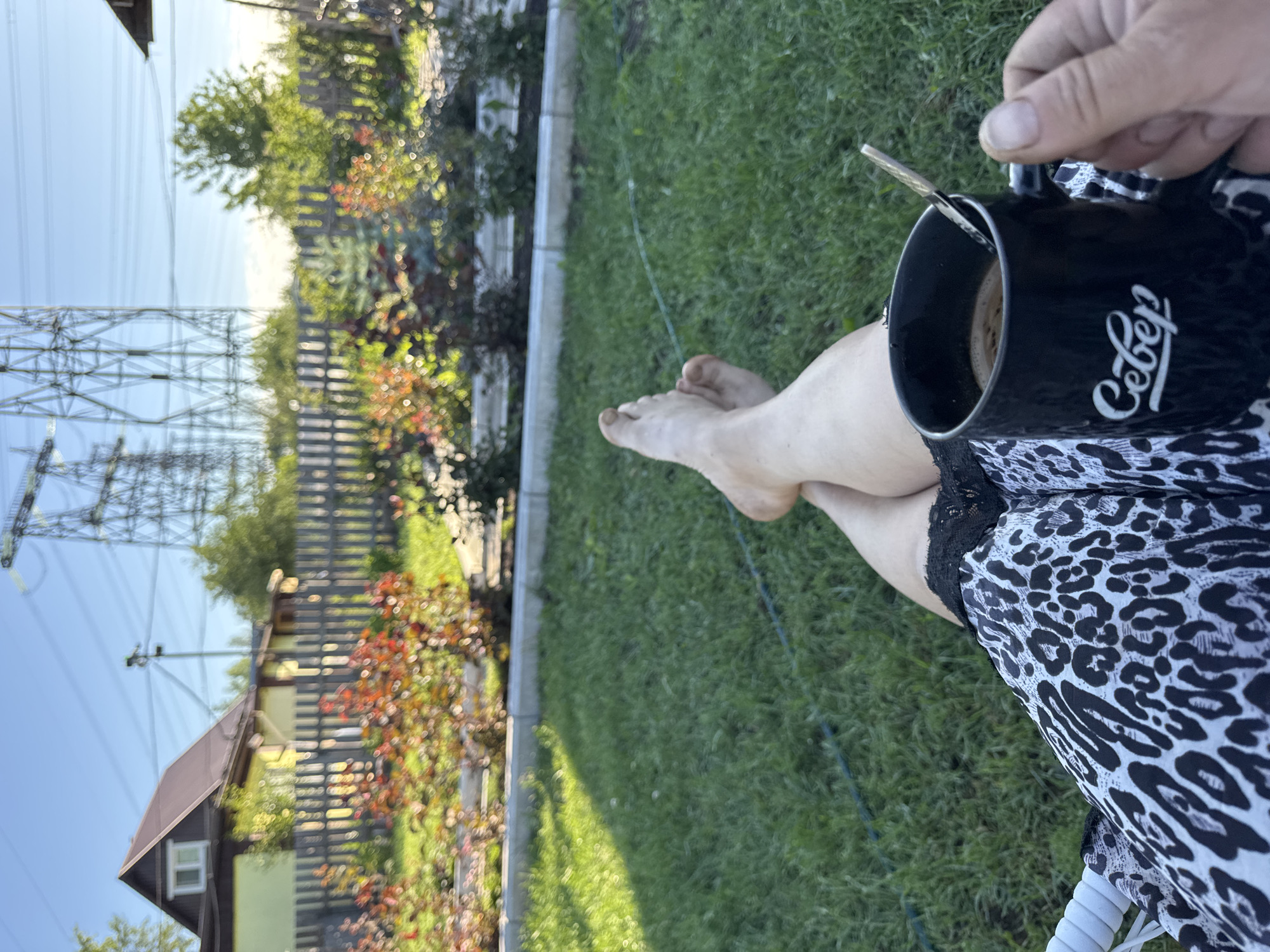 A first-person perspective shot shows a person sitting outdoors in a grassy area, holding a black mug with a spoon in it. The mug has white text that reads "Север". The person is wearing a black and white leopard-print garment with black lace trim. Their bare legs and feet are visible, crossed at the ankles. In the background, a wooden fence encloses a garden with red-leafed bushes and green plants. Beyond the fence, a yellow house with a brown roof is visible, as well as a tall electricity pylon and power lines against a clear blue sky. The scene appears to be in a residential area, likely on the outskirts of Chaikovsky, Russia, given the presence of a dacha-style house and a power pylon, common features in such locations.