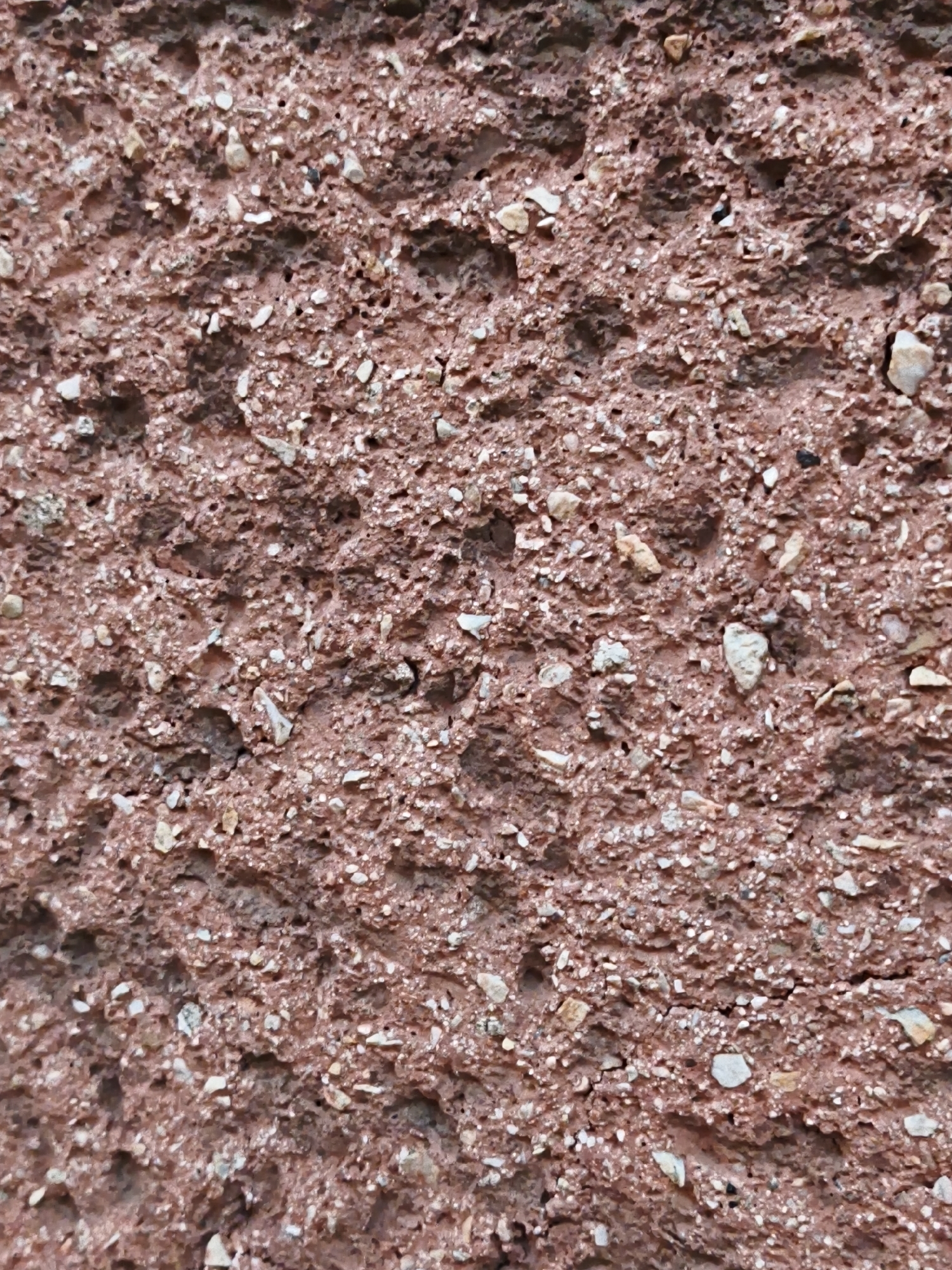 The image displays a close-up, textured view of a weathered, reddish-brown porous material, likely a wall or building surface. It is composed of a fine-grained aggregate embedded with numerous small, irregularly shaped pebbles and stones of varying shades of white, grey, and brown. The surface is uneven, characterized by numerous small pits, indentations, and rough patches, creating a tactile and rugged appearance. The lighting appears to be natural, casting subtle shadows that accentuate the material's texture. There are no discernible human figures, animals, or specific objects other than the material itself. The context of Steblivka, Ukraine, suggests this could be part of an older structure or a natural rock formation in that region.