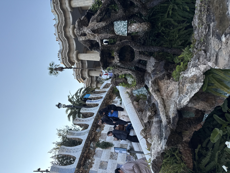 An outdoor scene in Park Güell, Barcelona, Spain, is captured under a clear, bright blue sky. The image primarily features a section of the park's distinctive architecture and naturalistic elements.
In the foreground and extending to the midground on the right, a multi-tiered, dark-textured rock formation is visible, heavily integrated with lush green ferns and other foliage. This structure exhibits irregular shapes, crevices, and some small embedded mosaic tile patches, one appearing light green and patterned. A small basin of water is visible within the lower rockwork.
In the midground, a wide, tiled path or ramp curves upwards from the lower left towards the upper right. This path is bordered on its left by a wavy, sinuous wall or balustrade adorned with intricate mosaic tiles (trencadís) in white, blue, brown, and green patterns. Several individuals are present on or beside this path: a man in a light brown coat is partially seen on the far left, a woman in a dark jacket walks upwards, a man in a dark jacket walks beside her, and another woman in a dark jacket, light trousers, and dark sunglasses walks while holding a light blue object. Further up, partially obscured, another person is seated. On the upper right section of the path, a man in a white shirt with red accents and a dark cap stands, holding an object, facing the background structure. Two blue informational signs are affixed to the mosaic wall. A dark, ornate lamppost rises prominently from behind the tiled wall.
In the background, on the right, the grand colonnaded structure, characteristic of the Hypostyle Room, is visible. It features numerous fluted stone columns supporting an undulating, mosaic-tiled roofline, where several people can be seen standing. A tall, slender palm tree stands directly in front of this structure. The overall environment presents a blend of constructed artistry and natural growth.