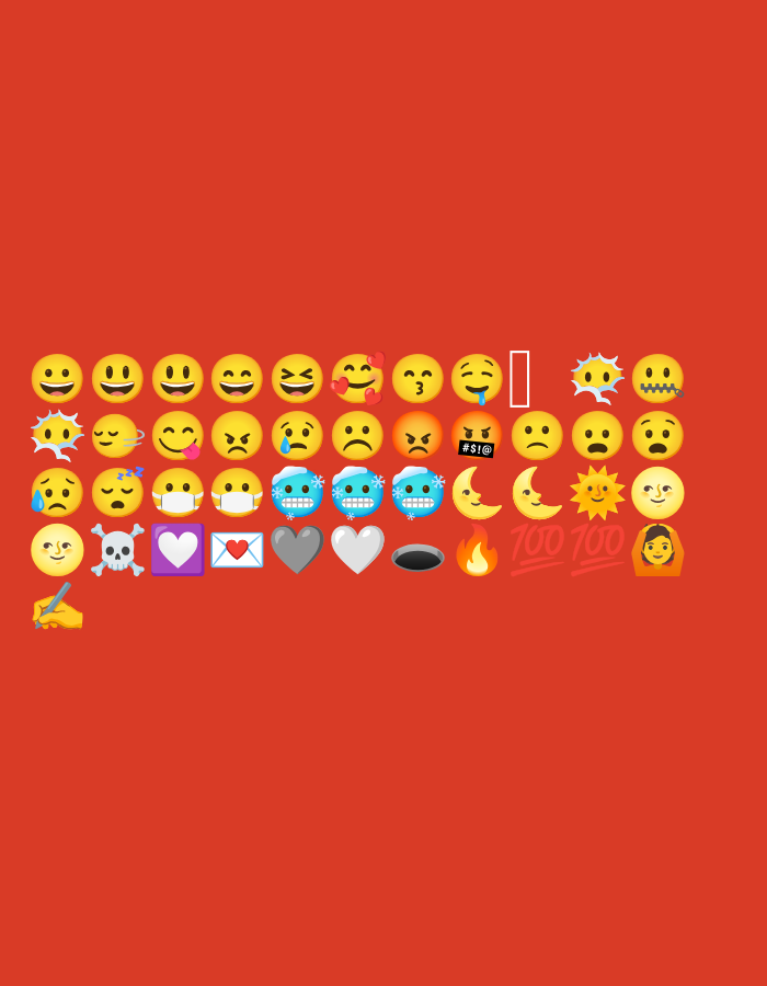 The image shows a collection of emoji icons arranged in rows on a red background. There are four rows of emojis. The first row displays various smiley faces with different expressions. The second row includes emojis expressing shock, sadness, anger, and cold. The third row features crying faces, masks, hearts, and weather icons. The fourth row shows a hand writing, skull and crossbones, various hearts, a hole, a flame, a 100 score and a woman wearing a headscarf.
There is no information relating to Nowy Tomyśl, Poland in the image.