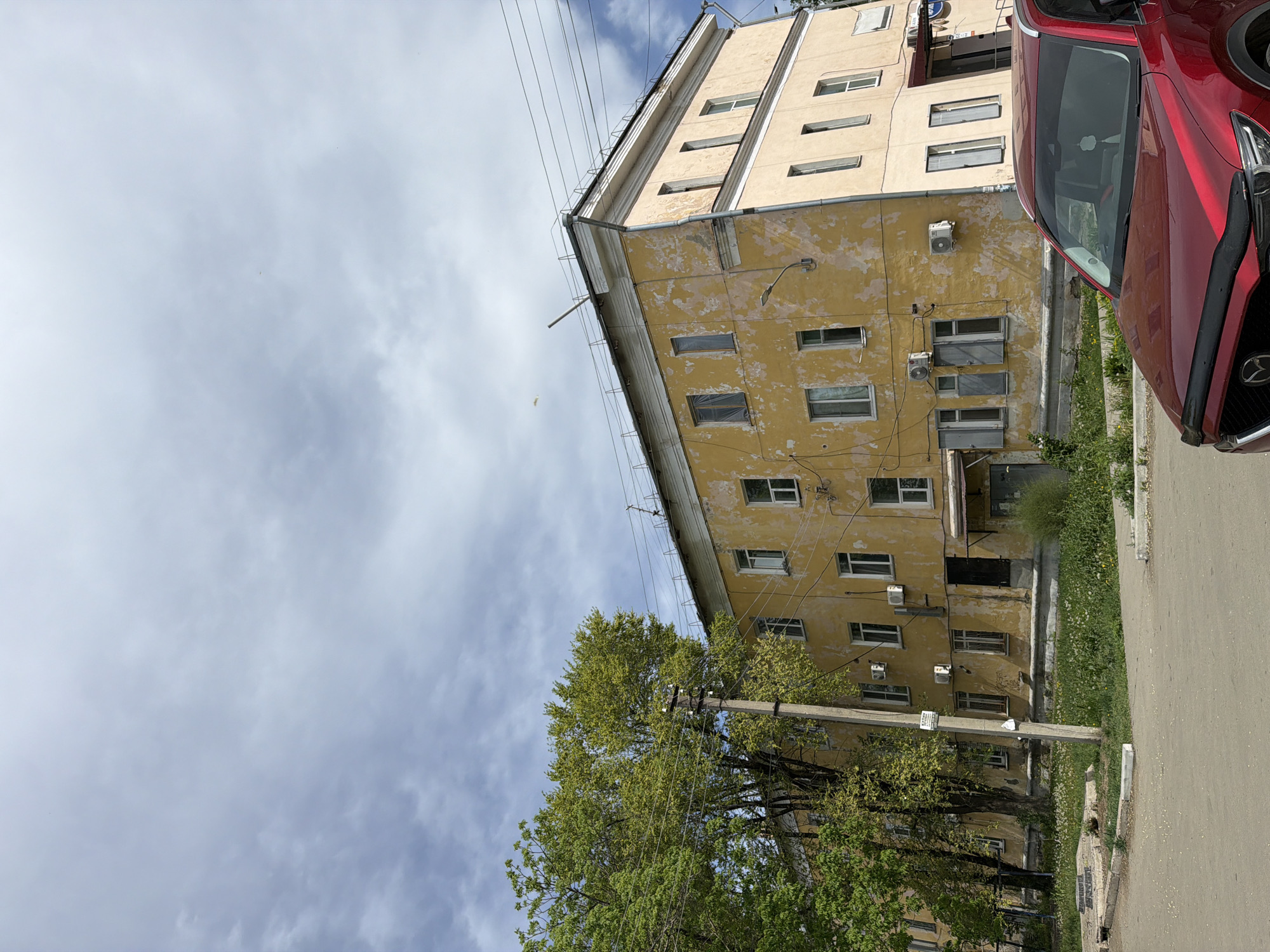 An urban scene in Birobidzhan, Russia features a tall, beige-colored apartment building with peeling paint. The building has several windows, some with bars, and multiple air conditioning units attached to the exterior walls. A red car is partially visible on the right side of the frame. In the foreground, a leafy green tree partially obscures a concrete utility pole with power lines extending overhead. The sky is overcast with a mix of white and gray clouds. A sidewalk runs along the right edge of the frame next to a grassy area with weeds and wildflowers.