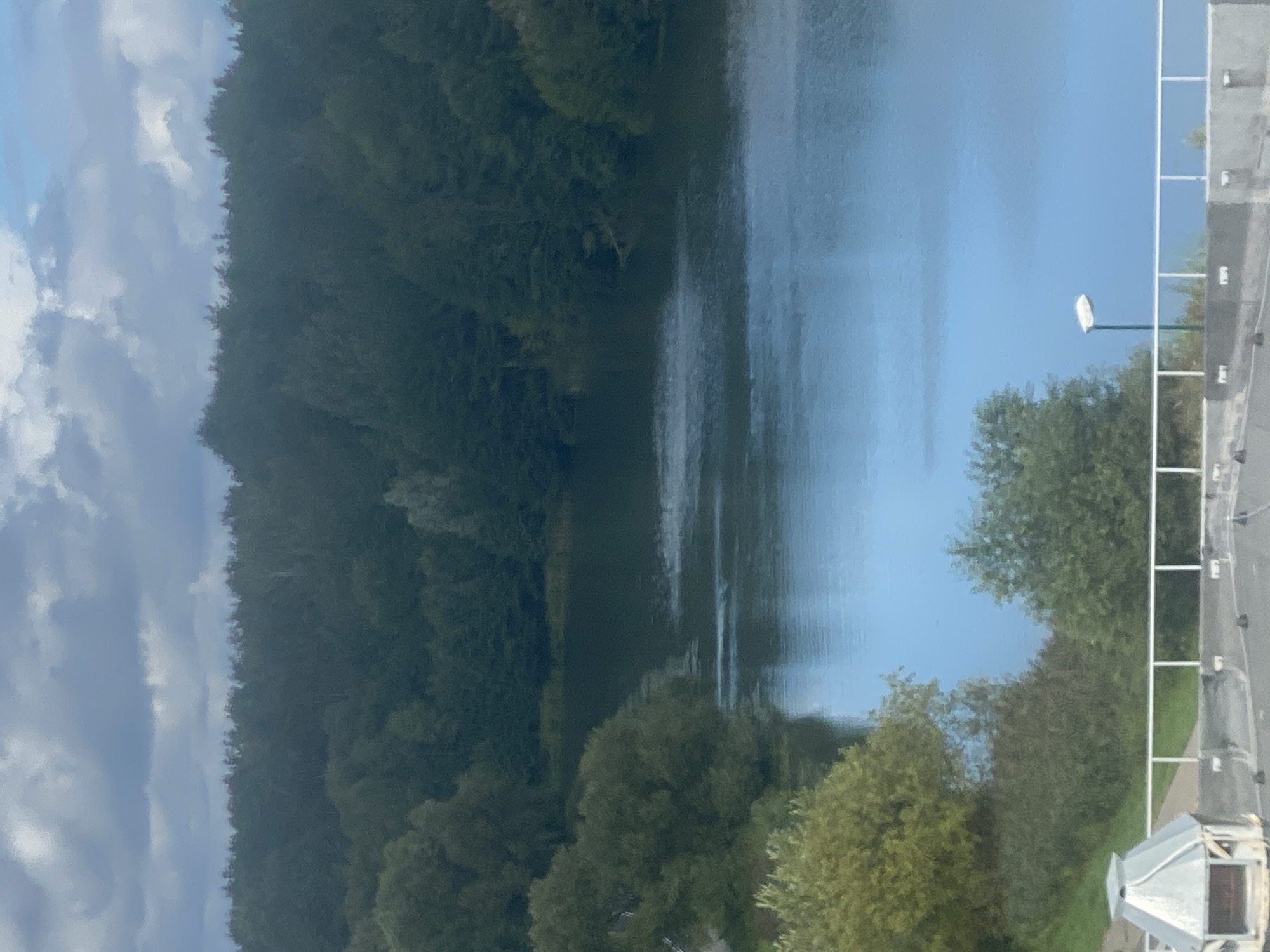 The image depicts a calm body of water, likely a reservoir or a wide river, reflecting a cloudy sky. Dense, dark green trees line the opposite bank, forming a thick forest. The foreground shows a white railing along a paved area, with a light pole visible to the right. To the far left, a metallic structure resembling a ventilation shaft or a small building is present. The overall scene is natural and serene. This location is likely on the outskirts of Minsk, Belarus, given the presence of water bodies and extensive forestation characteristic of the region.