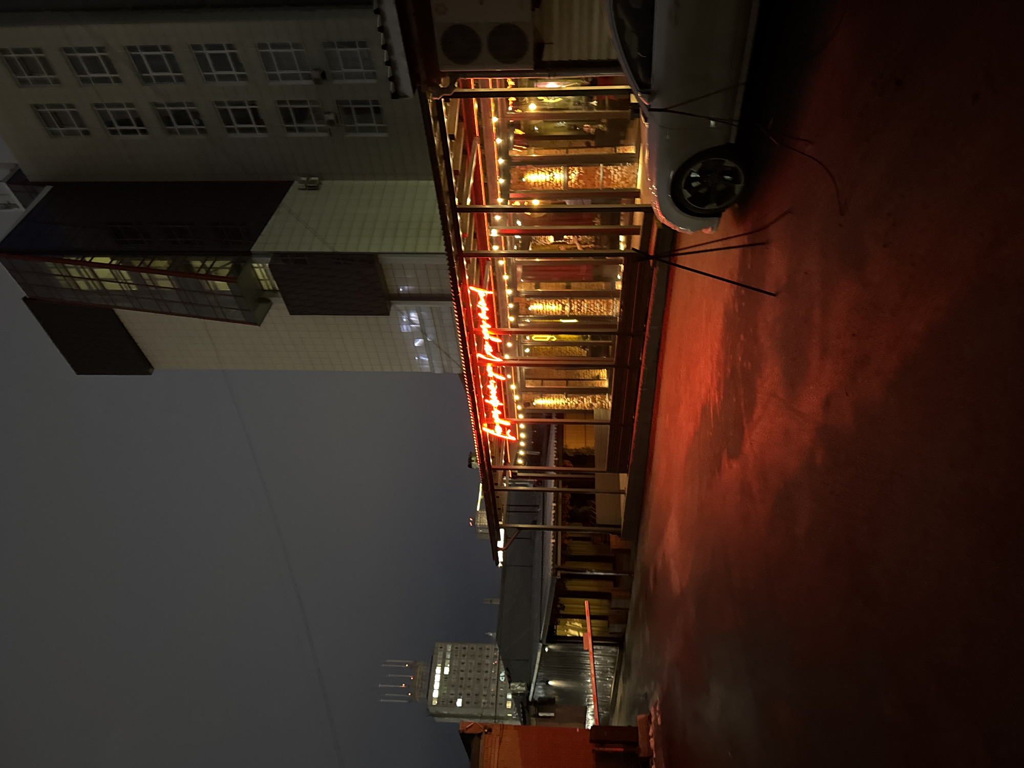 The image presents an urban night scene in Perm, Russia, dominated by a brightly lit establishment. The central subject is a restaurant or cafe, featuring a prominent red neon sign and numerous string lights that illuminate an outdoor or semi-enclosed seating area. The restaurant structure has a modern design with glass panels and a dark roof.
Above and behind the restaurant, a multi-story building with a grid of illuminated square windows rises against the dark night sky. Another dark, modern building with reflective surfaces is visible to the left. Air conditioning units are mounted on the exterior of a building near the restaurant.
To the right, a white car is partially visible, with its front wheel and bumper in the frame, suggesting it is parked or in motion on the adjacent street or pathway. The ground, likely pavement or asphalt, is bathed in a warm, reddish glow, a reflection of the restaurant's neon sign and lights. Dark poles or support structures are also visible in the foreground.
The time of day is clearly night, with the sky appearing dark grey. No specific activities are depicted, but the illuminated restaurant suggests an active evening atmosphere. In the distance, other city lights from buildings are faintly visible against the dark horizon, confirming the urban setting. The weather appears calm.
The prominent neon sign on the restaurant displays the word "Пинта" (Pinta) in a stylized red Cyrillic script.
