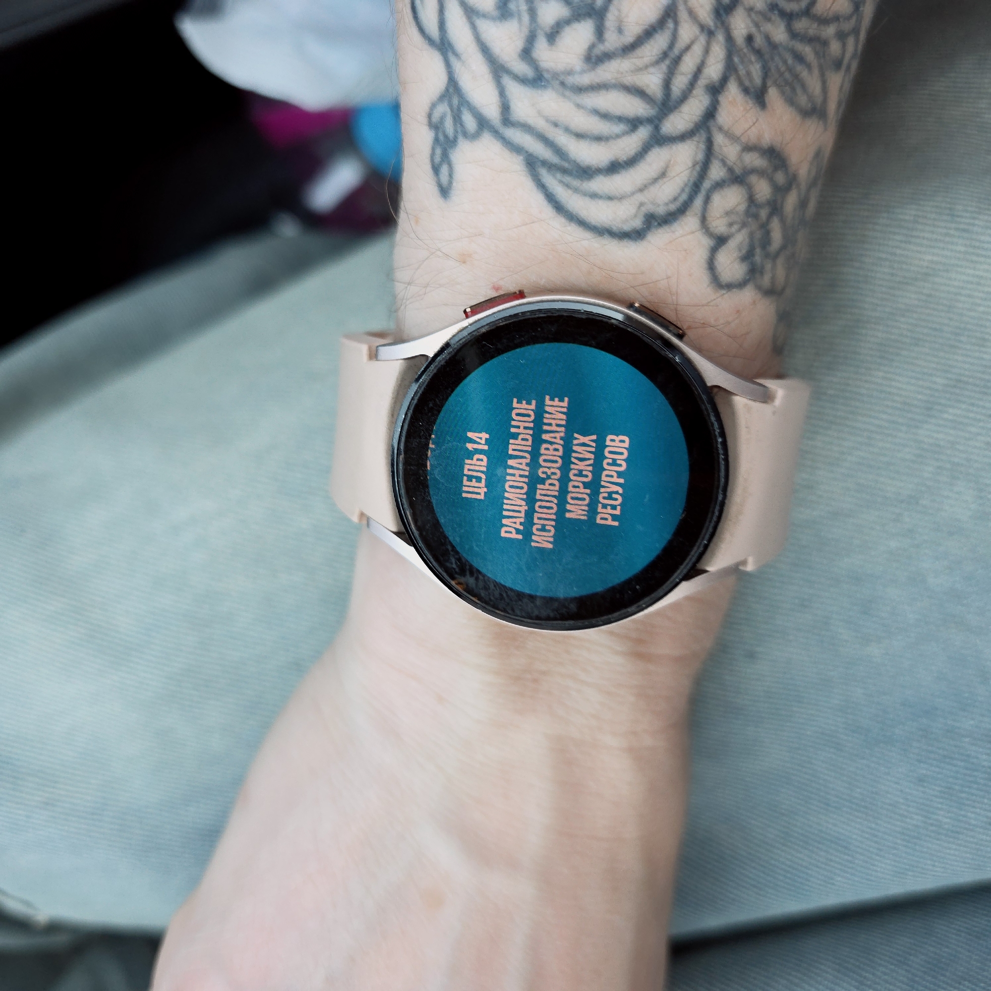 The image shows a person's left wrist with a smartwatch displaying Russian text. The text translates to "Goal 14: Rational Use of Marine Resources." The watch has a pinkish band. The person has a tattoo on their forearm. The background is a light blue textured fabric, likely clothing. The image does not provide any location information related to Неманіцкі сельскі Савет, Belarus.