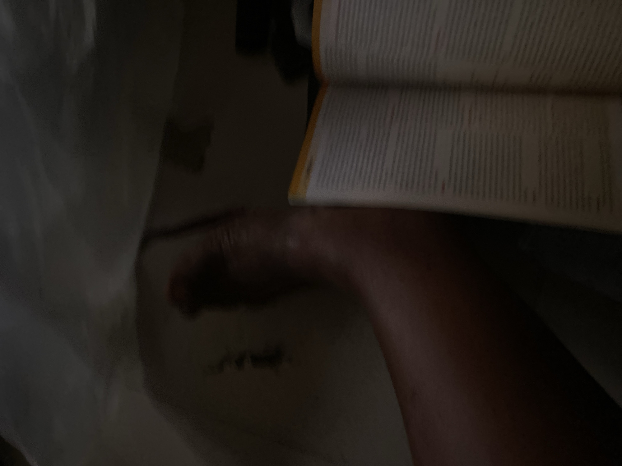 The image depicts a close-up view of a person's lower leg and foot, positioned next to an open book. The lighting is dim, with shadows obscuring much of the detail. The foot appears to be resting on a light-colored surface, possibly the floor or a piece of furniture. The book has a yellowed cover and pages filled with text, suggesting it is a printed publication. The environment is indistinct due to the low light and lack of context, making it impossible to determine the specific location within Jauro Yinu, Nigeria. The scene appears to be an indoor setting, possibly a room.