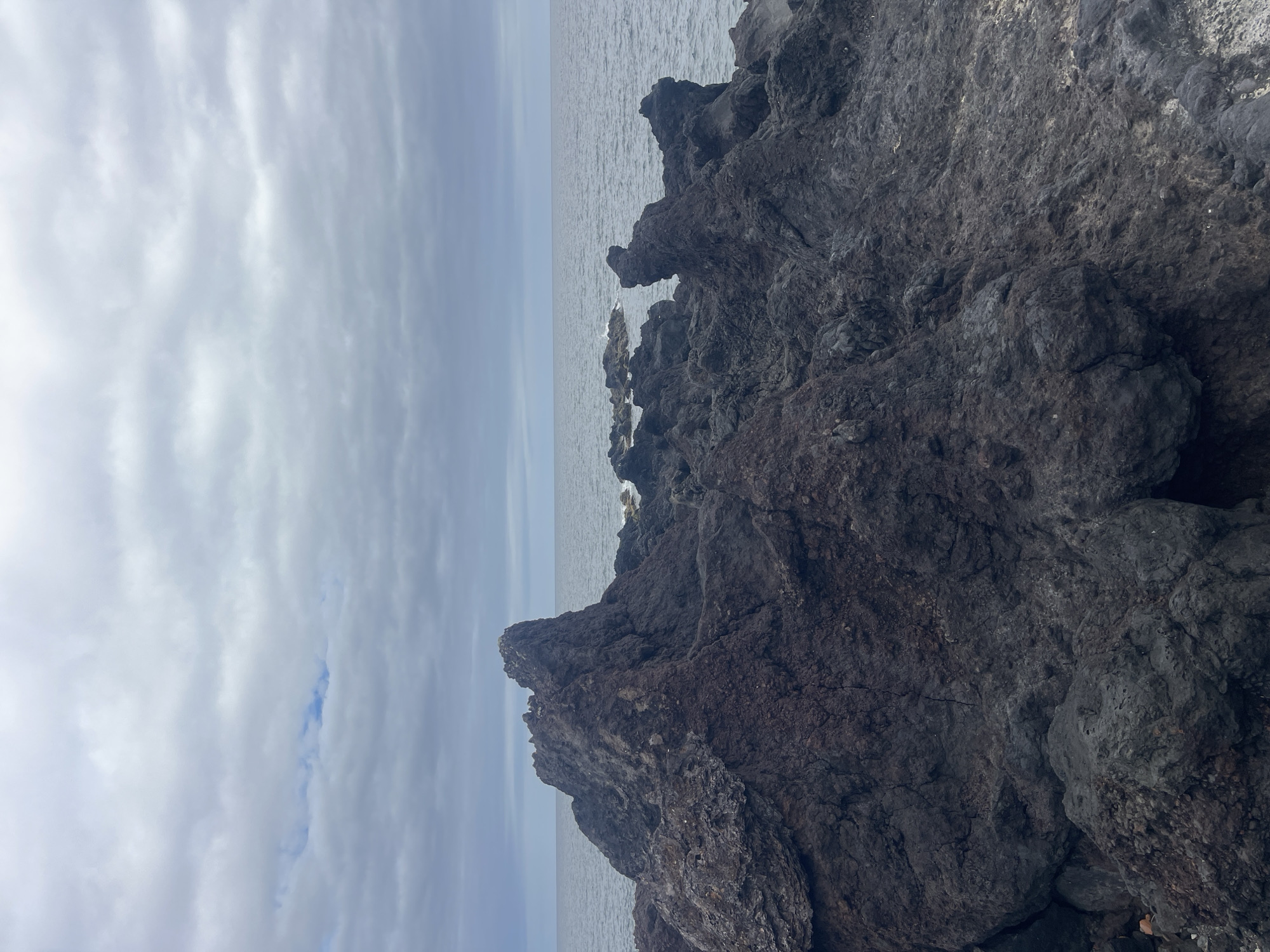 The image depicts a rocky coastal landscape in Lagoa (Nossa Senhora do Rosário), Portugal. The foreground is dominated by a large, dark volcanic rock formation. The Atlantic Ocean extends toward the horizon, and a cloudy sky covers the upper portion of the image. There are no people visible.