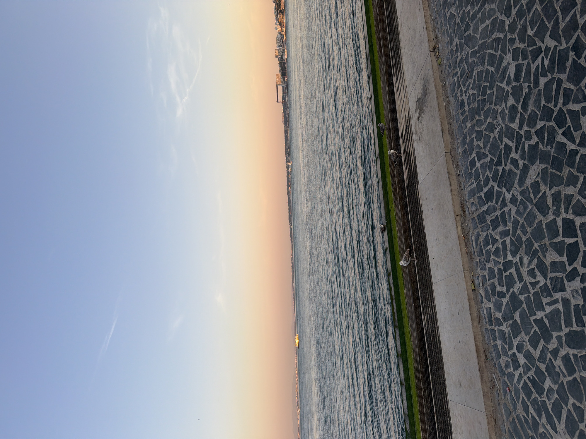 The image depicts a waterfront scene in Lisbon, Portugal, during what appears to be sunset. The sky is a gradient of soft blues and warm oranges, suggesting the sun is low on the horizon. The water of a large river or bay is a textured, deep blue, reflecting the colors of the sky.
The foreground is dominated by a distinctive Portuguese calçada, a mosaic pavement made of dark, irregularly shaped stones. Adjacent to the pavement is a concrete walkway and a strip of green grass, bordering the water. Several seagulls are visible, perched on the edge of the walkway and the grassy area, observing the water or the distant cityscape.
In the mid-ground, across the water, a city skyline is visible, with buildings and what looks like a bridge or industrial structure. A prominent yellow ship or ferry is sailing on the water in the distance, catching the warm light of the sunset. The overall mood is tranquil and serene, characteristic of a peaceful evening by the water. There is no visible text in the image.