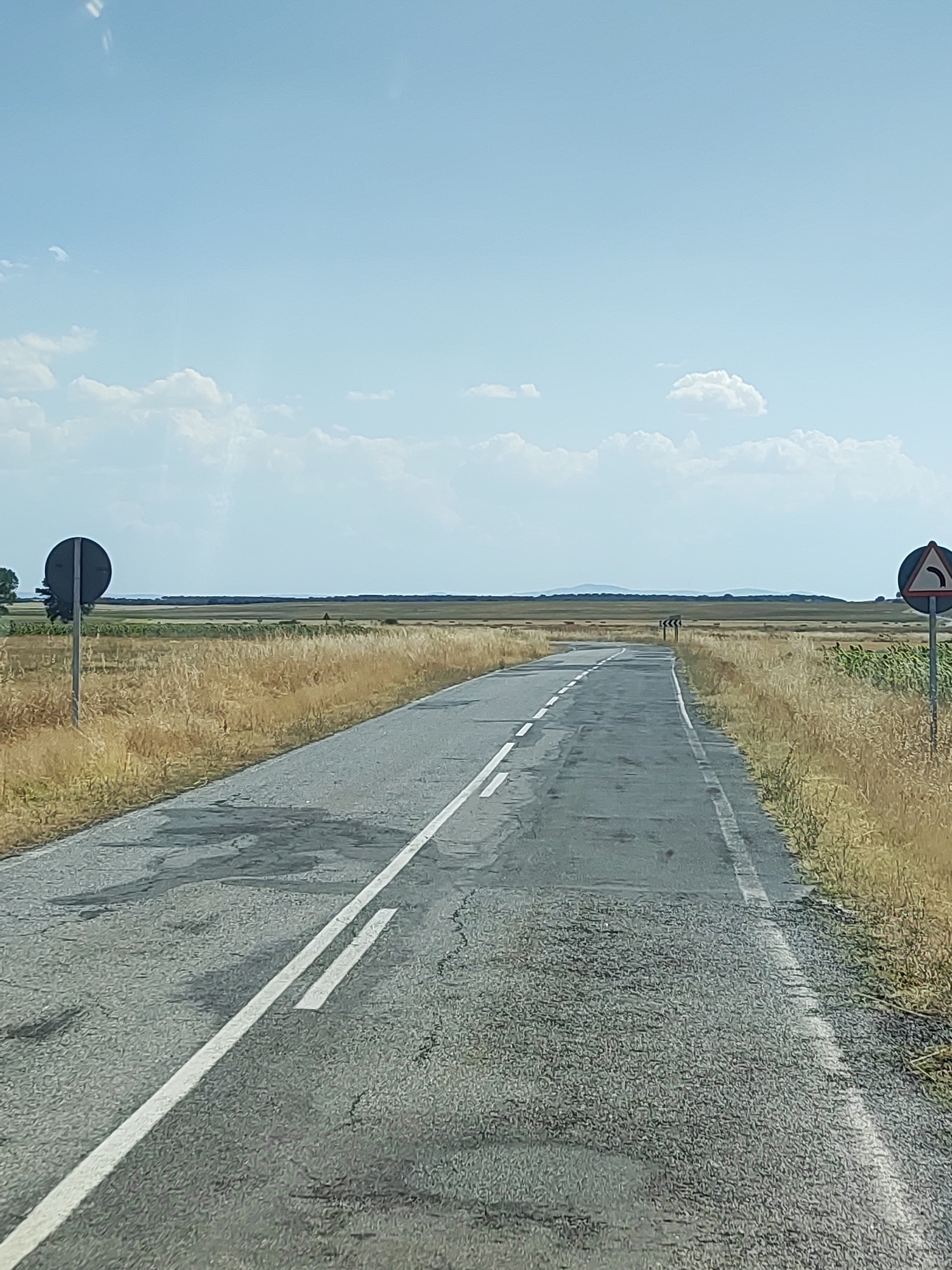 The image depicts a rural road in Segovia, Spain, likely within the municipality of Santa María la Real de Nieva. The road is paved and appears to be a two-lane highway with a broken white line marking the center. The surrounding landscape is characterized by dry, golden fields, suggesting a warm climate or season. In the distance, a flat, expansive horizon is visible, possibly indicating agricultural land.
On the left side of the road, a circular black sign is mounted on a pole. On the right side, a triangular road sign with a black border and a red curved arrow indicates a sharp turn to the right. The sky is a pale blue with scattered white clouds. The lighting suggests it is daytime, with the sun possibly high in the sky. There are no people or vehicles clearly visible in the immediate vicinity of the road, though a faint, dark shape that could be a person or object is present in the distance on the right side of the road. The overall scene conveys a sense of open space and a quiet, rural setting.