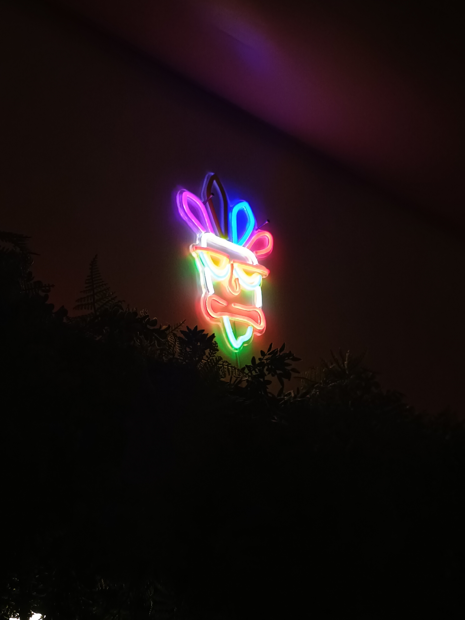 A neon sign shaped like a cartoonish face with pink, blue, and green lights is displayed at night. The sign is positioned above a dark foreground of foliage, which obscures the lower portion of the image. The background is a dark, gradient sky with a hint of purple light at the top. The location is identified as San Gabriel, Spain.