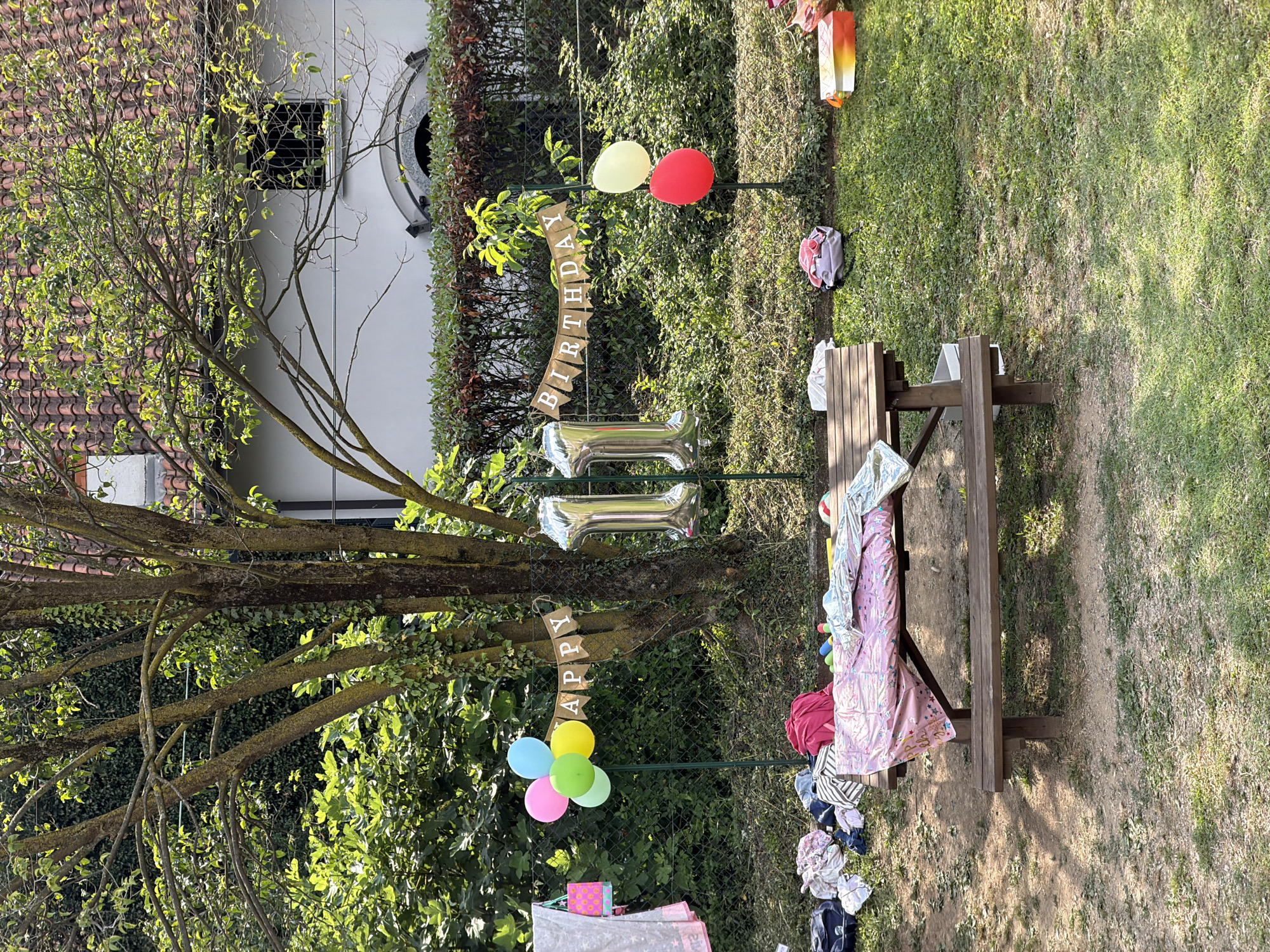The image depicts an outdoor setting, likely a backyard, with a birthday celebration in progress. A wooden picnic table is laden with blankets and some scattered items. A clothesline hangs in the background with a pink gift bag and a towel. There are several balloons, some in pastel colors and others red and yellow. A banner strung between two posts reads "HAPPY BIRTHDAY" in rustic lettering. Two large silver balloons shaped like the number "11" are also visible. Scattered on the ground around the table are various articles of clothing, bags, and what appear to be party favors or gifts. The environment is a garden with lush green foliage and trees. A portion of a building with a tiled roof is visible in the background. The presence of the birthday decorations and the informal arrangement of items suggest a casual celebration.