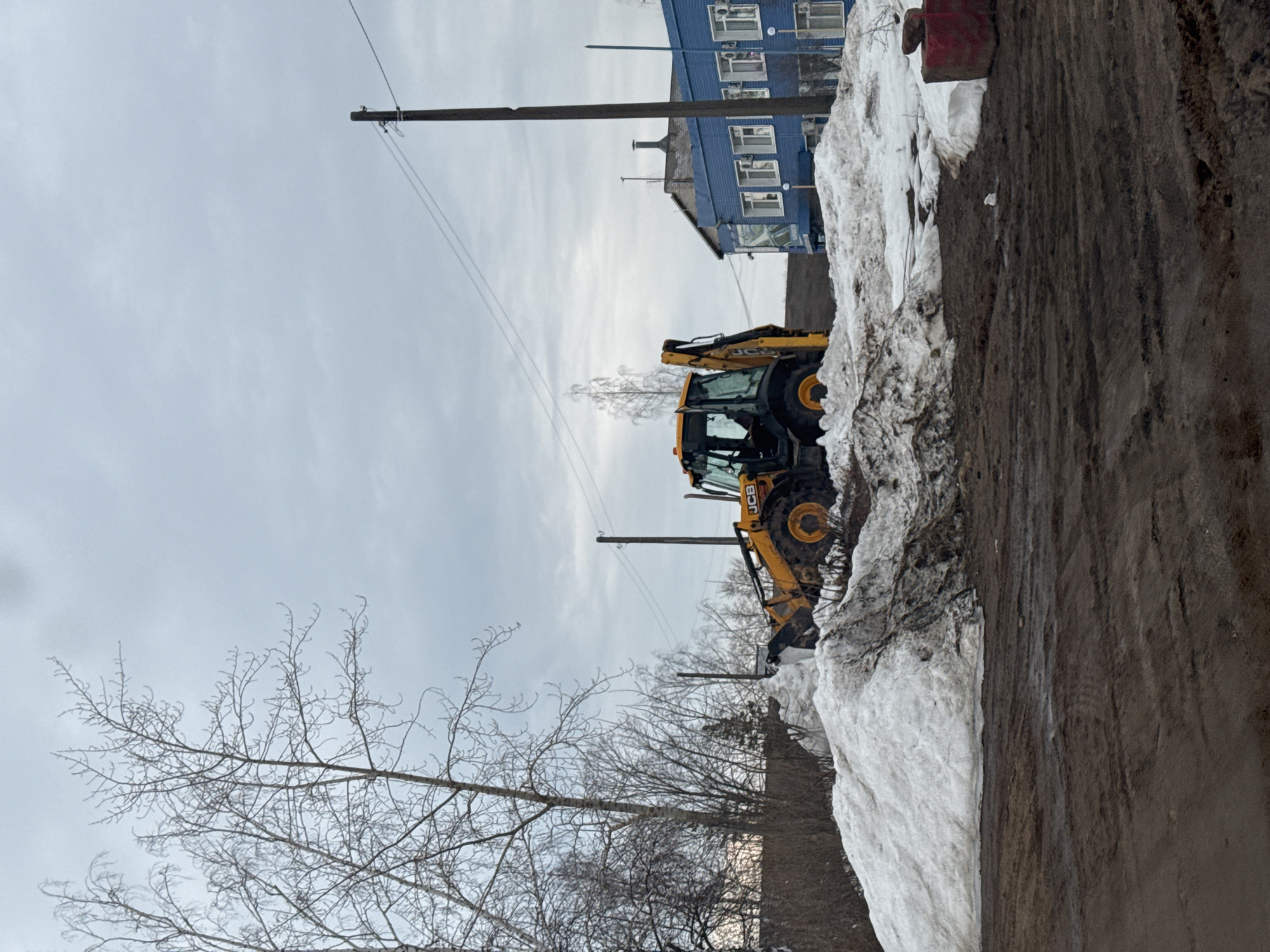 The image shows a JCB backhoe loader clearing a snow bank. The machinery is on the side of a street. A blue building with windows is visible in the background, indicating an urban setting. Utility poles with wires are also present. There is a bare tree in the foreground. Based on the prompt's context, this likely occurred in the city of Chaikovsky, Russia. The environment is cold and snowy, consistent with a winter scene.