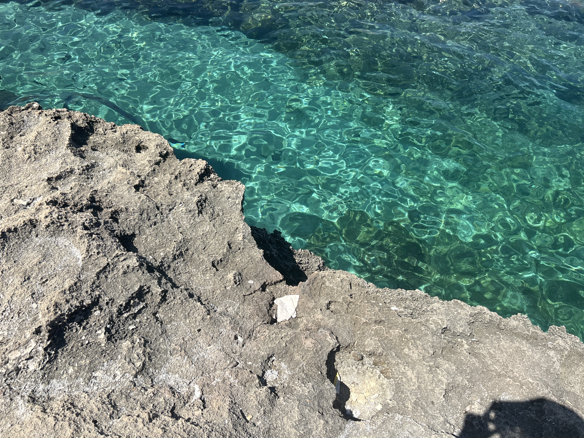 The image shows a close-up, high-angle view of the shoreline at Cala Lliteres, Spain. The scene is dominated by two distinct elements: the rough, textured surface of a rocky cliff on the left and the clear, vibrant turquoise water on the right. The rock is predominantly grey, with variations in shade and texture, appearing weathered and uneven. Several small, light-colored pebbles or fragments are scattered on the rock surface. The water is shallow near the edge, revealing the submerged rocks and seabed with exceptional clarity. Sunlight creates shimmering patterns on the water's surface, highlighting its translucent quality and the play of light and shadow. The overall impression is one of a natural, sun-drenched coastal environment.