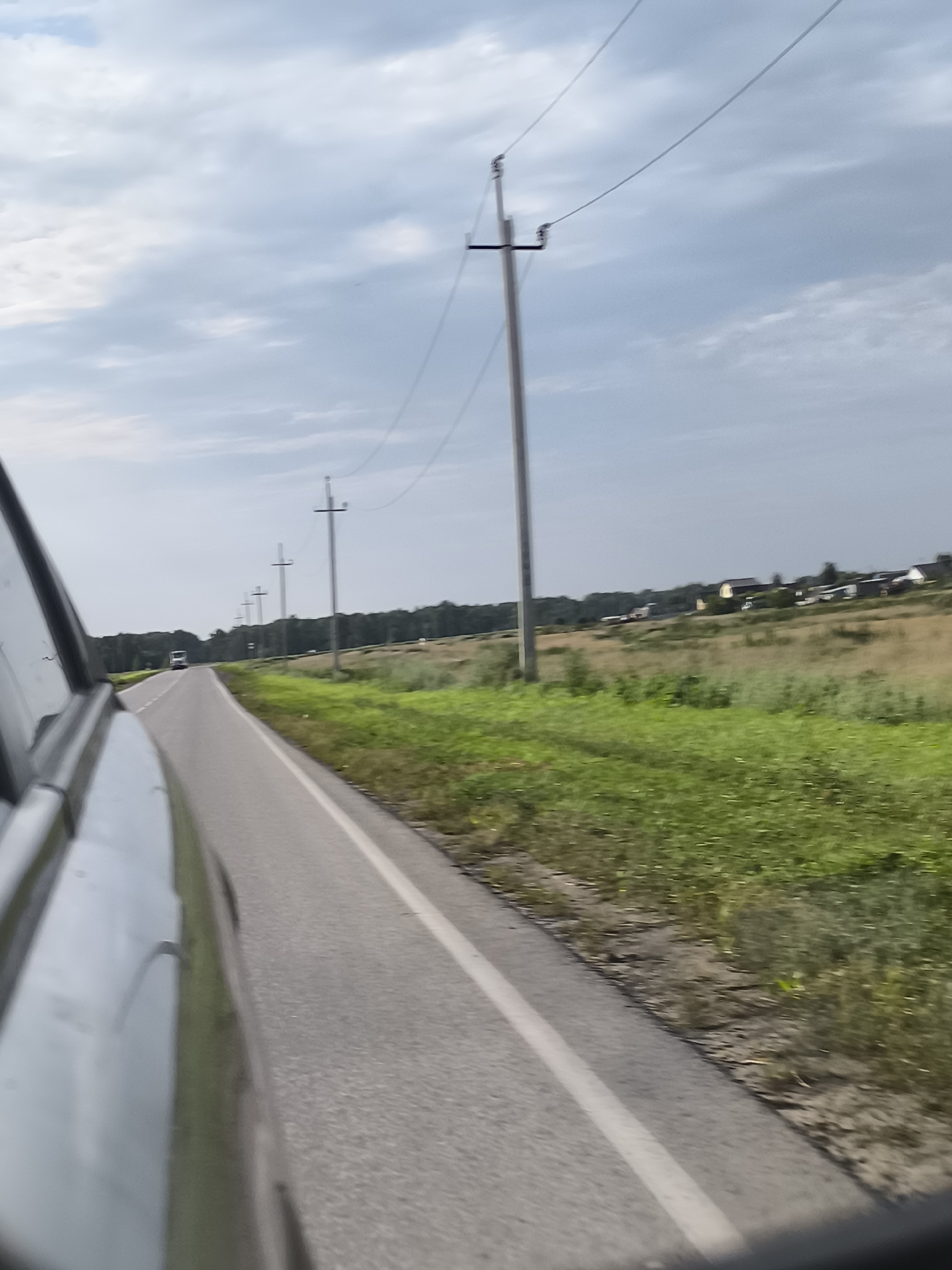 The image captures a view from a moving vehicle, likely a car, traveling along a paved road. The perspective is from the right side of the vehicle, showing the side panel reflecting the sky and clouds. The road itself is asphalt with a white line marking the edge. Along the right side of the road, there is a strip of green grass and vegetation. In the distance, a line of trees forms the horizon. Several utility poles with wires stretch across the landscape, running parallel to the road. Beyond the trees, a few buildings are visible, suggesting a rural or suburban setting. A white truck is seen in the distance on the road ahead. The sky is overcast with a mix of gray and white clouds. The overall environment appears to be an outdoor, daytime scene in a non-urban area.