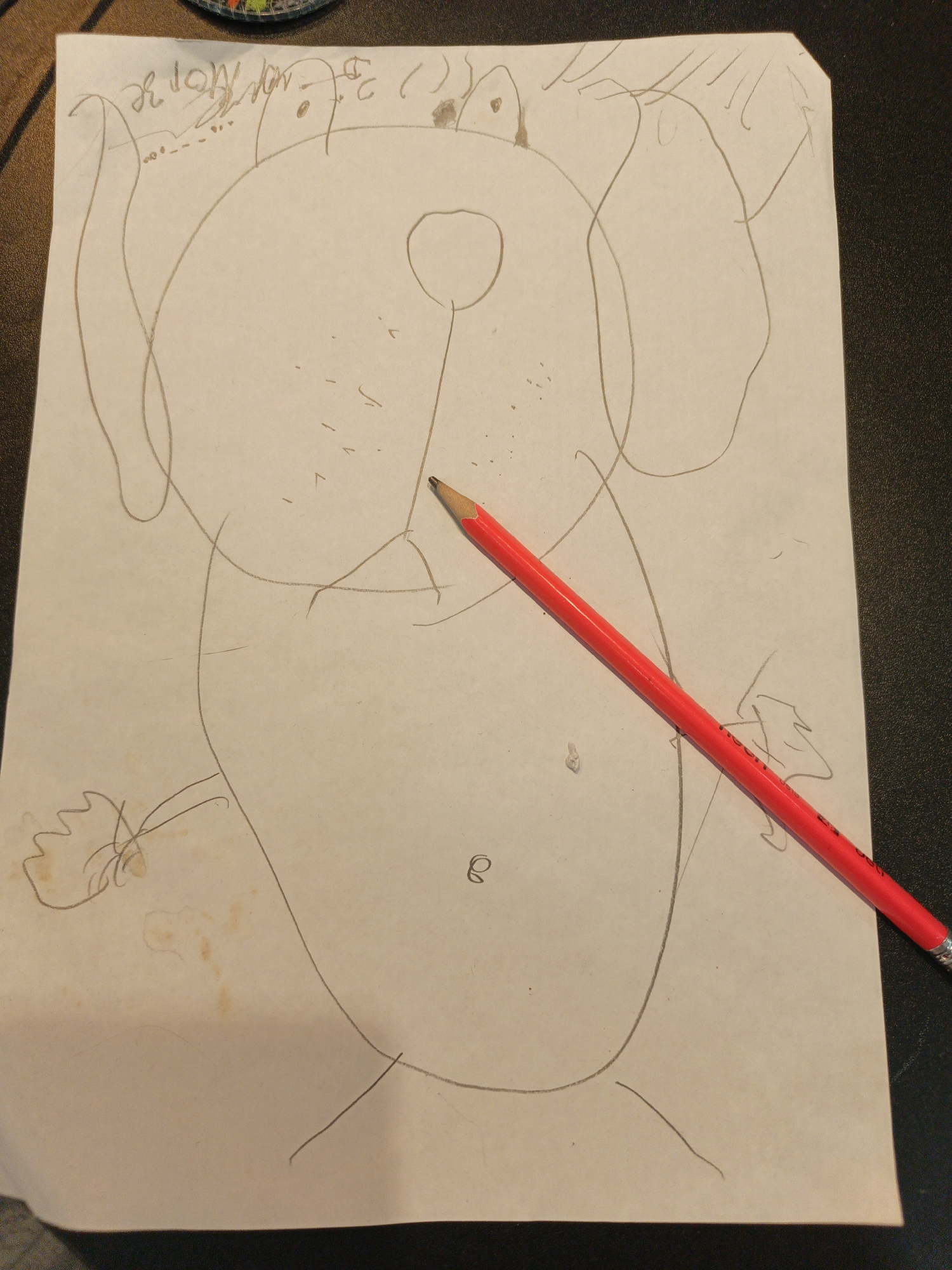 A piece of paper with a drawing of a dog rests on a dark surface. A red pencil lies diagonally across the drawing. The drawing is a sketch, likely by a child, featuring a large head and body with simple lines defining the ears, nose, mouth, and legs. There are also some marks and stains on the paper.
There is no information in the image to determine its location. The claim that it is in Irkutsk, Russia cannot be substantiated from the visual data provided.