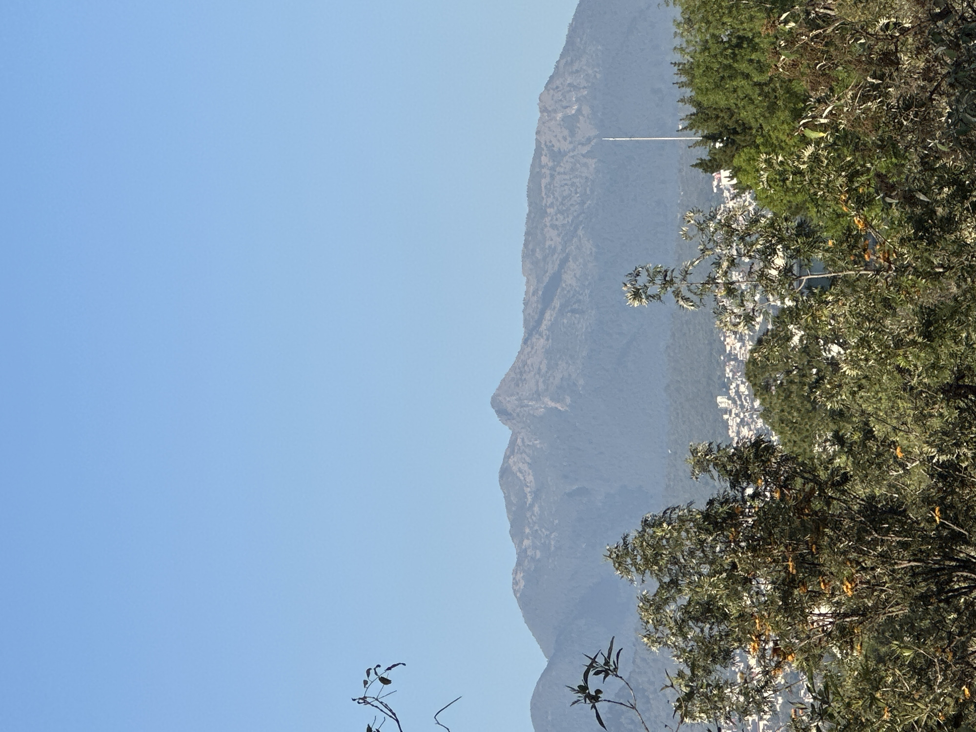 The image shows a view of a mountain range with a clear blue sky above. Green foliage and trees are visible on the right side of the frame, partially obscuring a cluster of buildings lower down the mountain. A thin, white structure stands on the mountain near the middle of the image. The location is in Mexico City, Mexico.