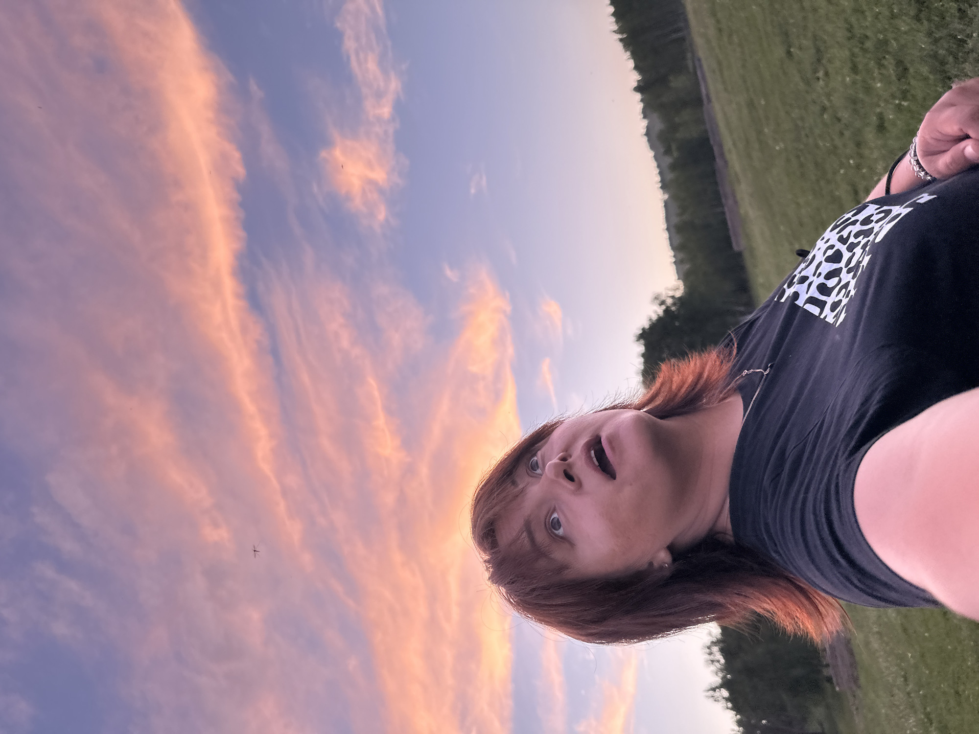 An outdoor selfie shows a woman with auburn hair and a black t-shirt looking up at a twilight sky. The sky is filled with streaks of pink and purple clouds. In the distance, a treeline is visible, and a grassy field is in the foreground. A small dark object, possibly an insect or a small bird, is visible in the sky.