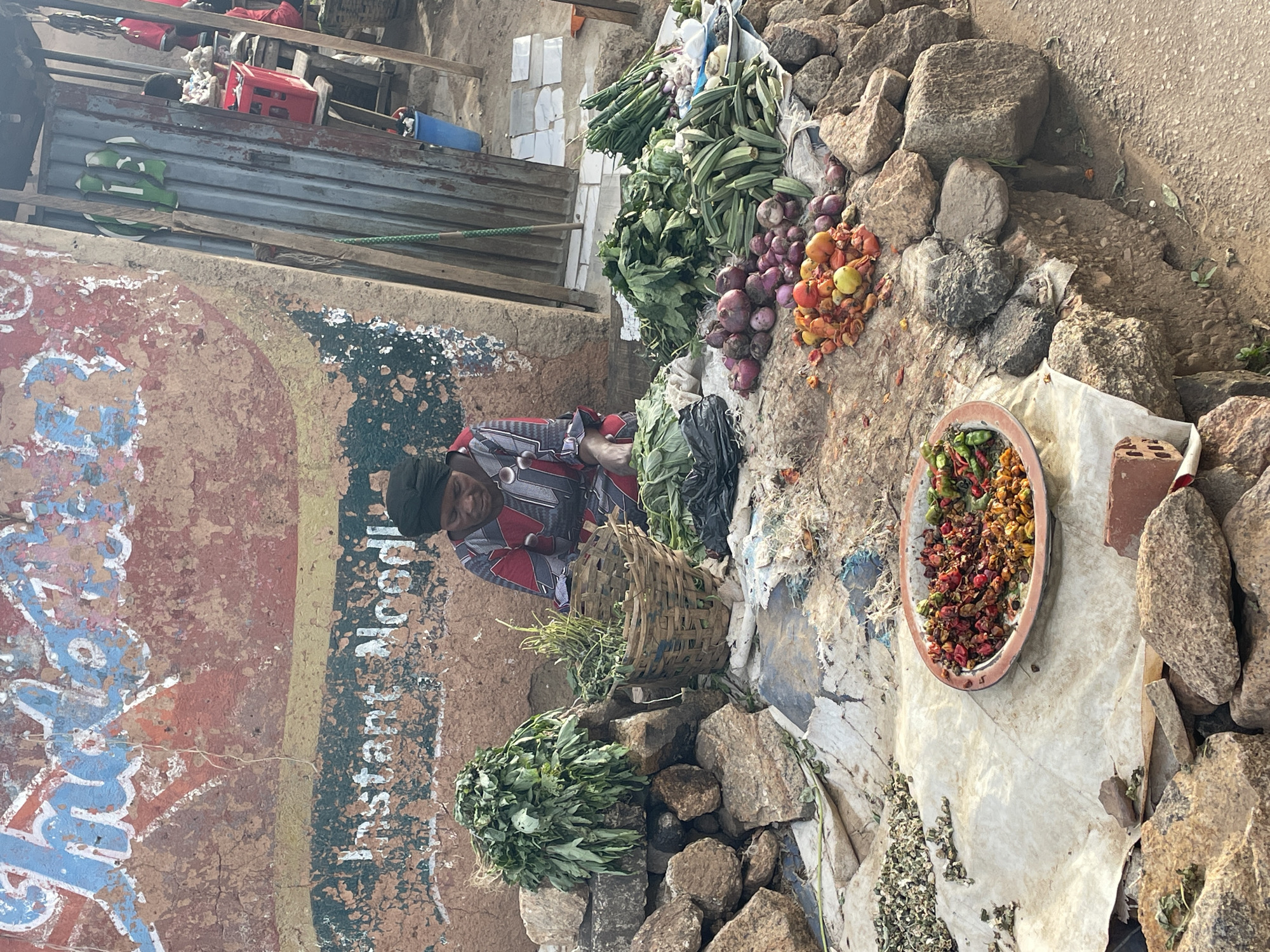 A roadside market scene in Jos, Nigeria. An African woman wearing a head covering and a red and white patterned shirt sits near a painted wall. The wall is marked with the words "Instant Noodle." Beside her, a basket is filled with green leafy produce. Various produce items, including okra, onions, and tomatoes, are displayed on the ground. A tray contains dried peppers and other spices. A piece of cloth is spread on the ground, and rocks are used as supports and display elements. A red crate and other items are visible in the background.