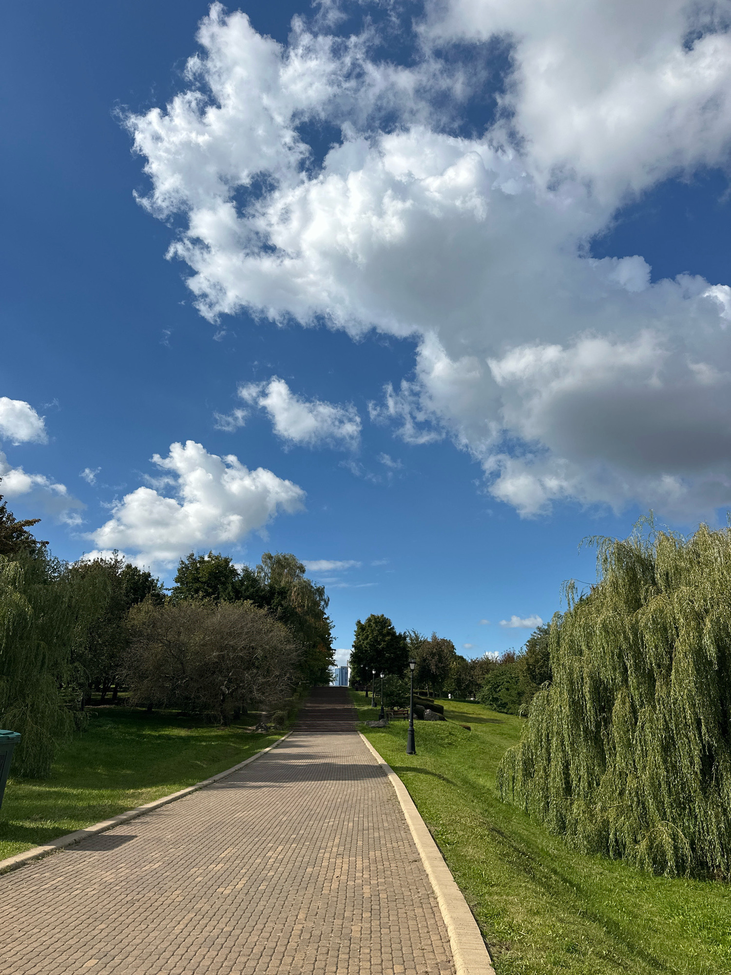 This is a vertical, eye-level, medium shot of a paved walkway in a park on a sunny day. The walkway, made of light brown rectangular bricks laid in a basket-weave pattern, extends from the bottom foreground towards the middle ground. It is bordered on the left by a grassy slope and on the right by a steep grassy incline covered with weeping willow trees. A metal trash can is visible on the far left edge of the frame. The sky above is a vibrant blue with numerous fluffy white clouds scattered across it. In the middle ground, the walkway leads to a set of stairs ascending a hill, with a distant building visible at the top. The park is lush with green grass and various trees, including deciduous and coniferous varieties. A lamppost with a black metal pole and lantern is situated on the right side of the walkway, near a park bench. The overall impression is one of a peaceful, well-maintained public park. This scene is located in Gorky Park in Minsk, Belarus, known for its large green spaces and recreational areas.