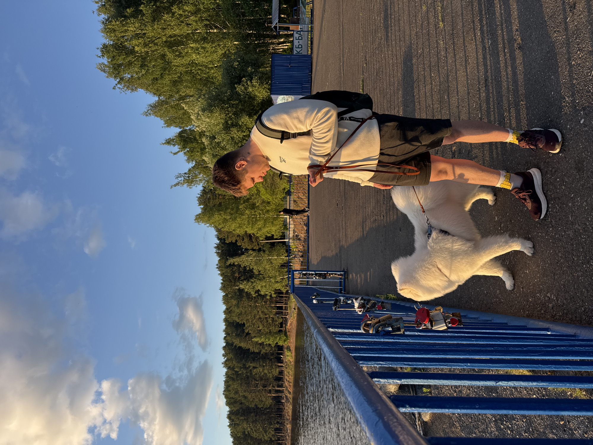 A young man and a fluffy white dog stand on a concrete pier by a body of water. The man, wearing a light-colored sweatshirt, dark shorts, and athletic shoes, is holding a dog leash. The dog, a Samoyed breed, stands next to him, facing the blue metal railing that lines the pier. The railing is adorned with several padlocks. In the background, a dense forest of evergreen and deciduous trees borders the water. The sky is a clear blue with scattered white clouds, and the warm sunlight casts long shadows on the pier. In the distance, there are some blue shipping containers and a small structure with Cyrillic lettering. The scene appears to be taking place at a park or recreational area, likely along the Kama River in Chaikovsky, Russia, given the presence of love locks on the bridge railing, a common tradition in many cities.
