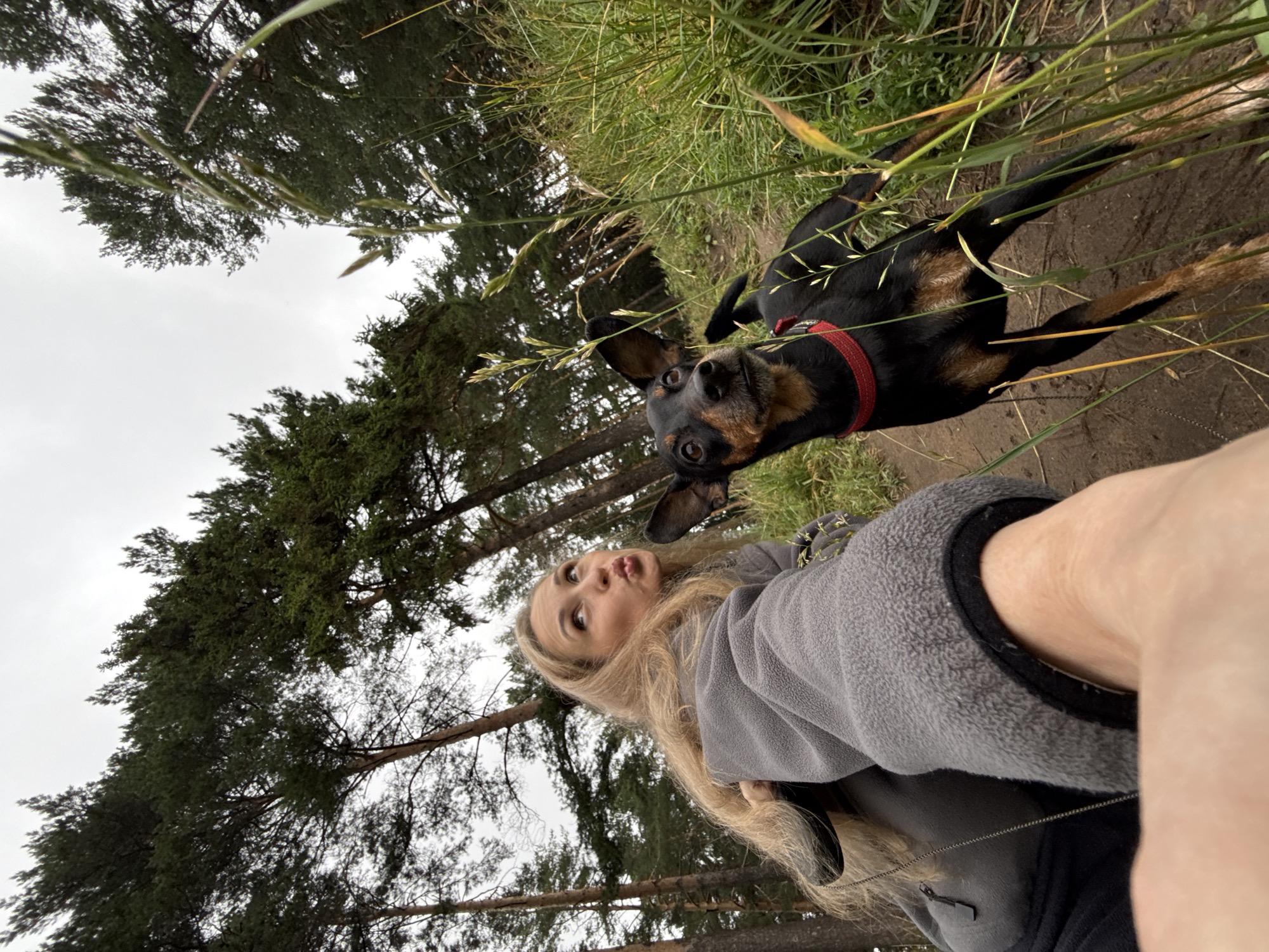 In Chaikovsky, Russia, a person with long blonde hair is posing for a selfie in a forest setting, puckering their lips as they hold the camera. The person is wearing a grey fleece jacket. A small black and tan dog with a red collar is positioned next to them, looking at the camera. The background consists of tall pine trees and tall grass, with a dirt path winding through the scene. The sky is overcast.